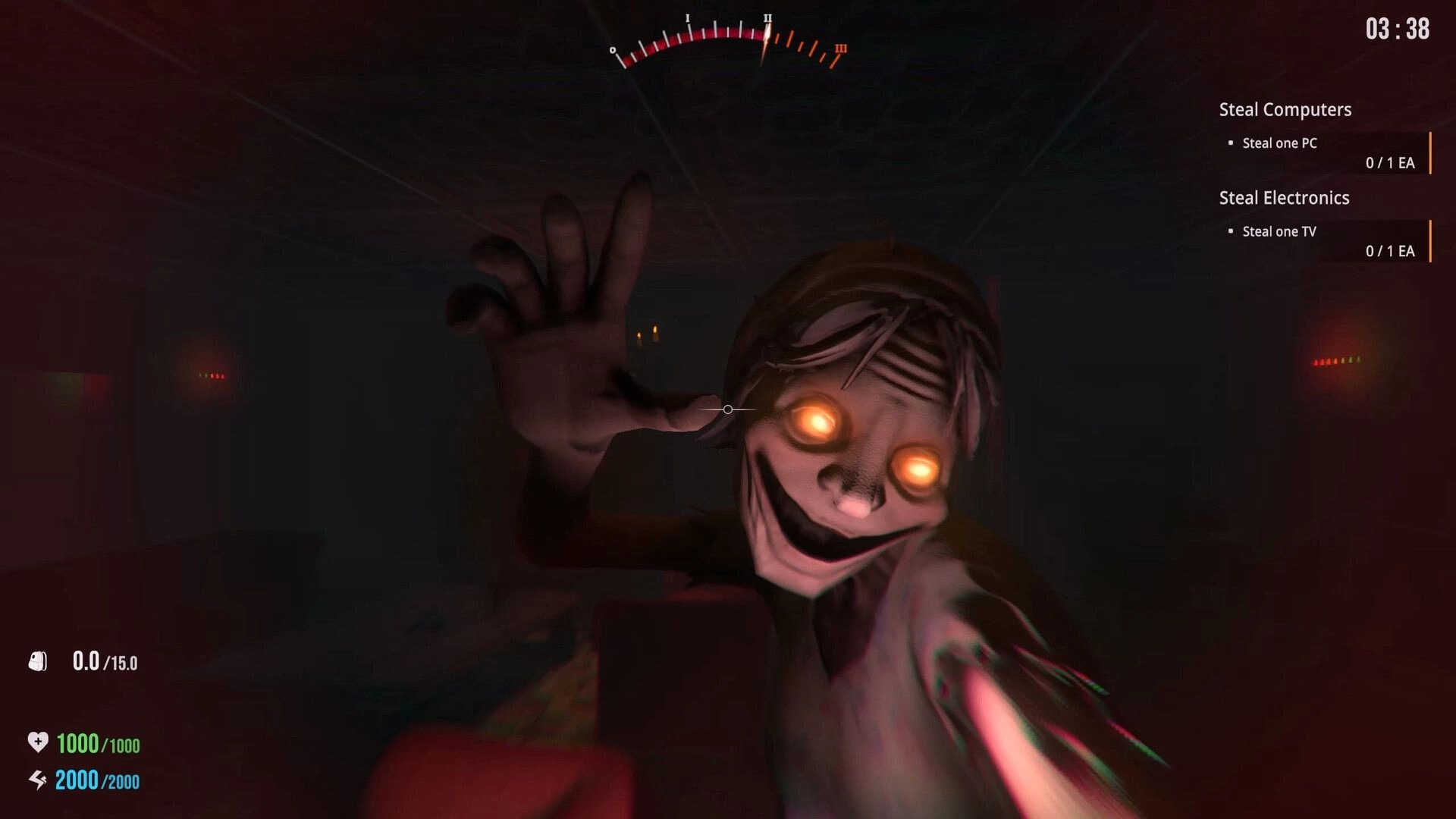 QUIET: Glowing-eyed homeowner lunges at the camera in a dark room, with theft objectives HUD visible.