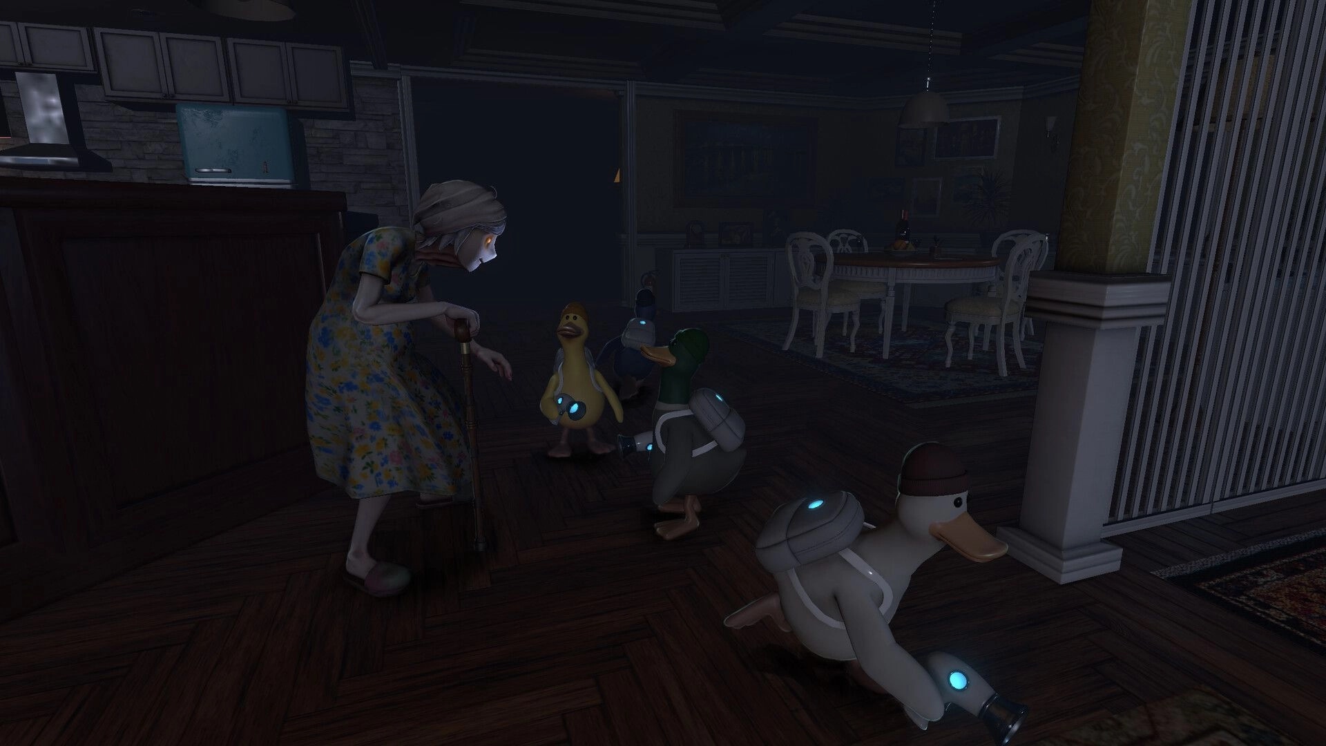 QUIET: Duck crew sneaks past an elderly woman in a dim kitchen and dining room inside a house.