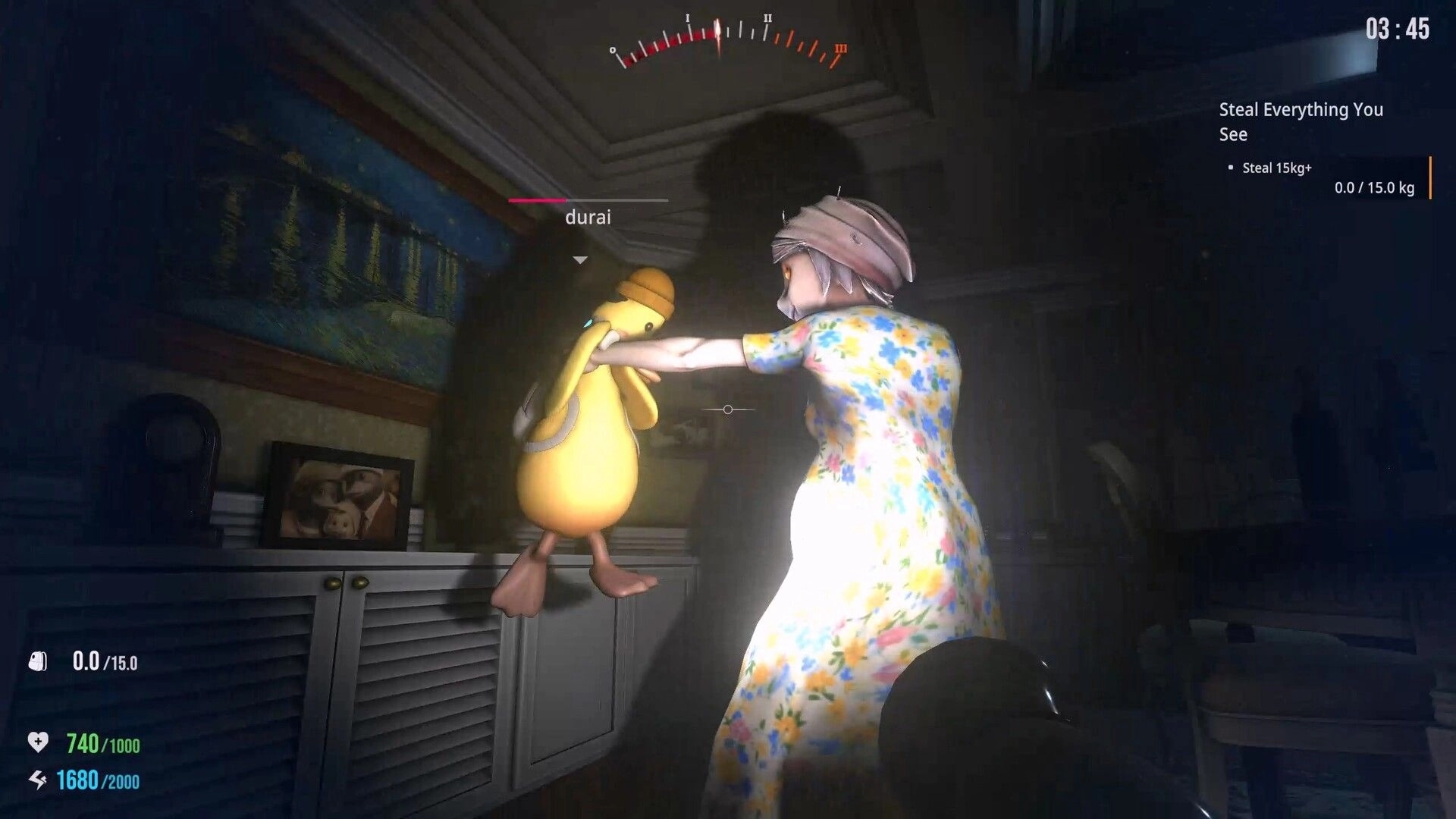 QUIET: Homeowner grabs player duck durai in dark hallway, mission UI reads Steal Everything You See.