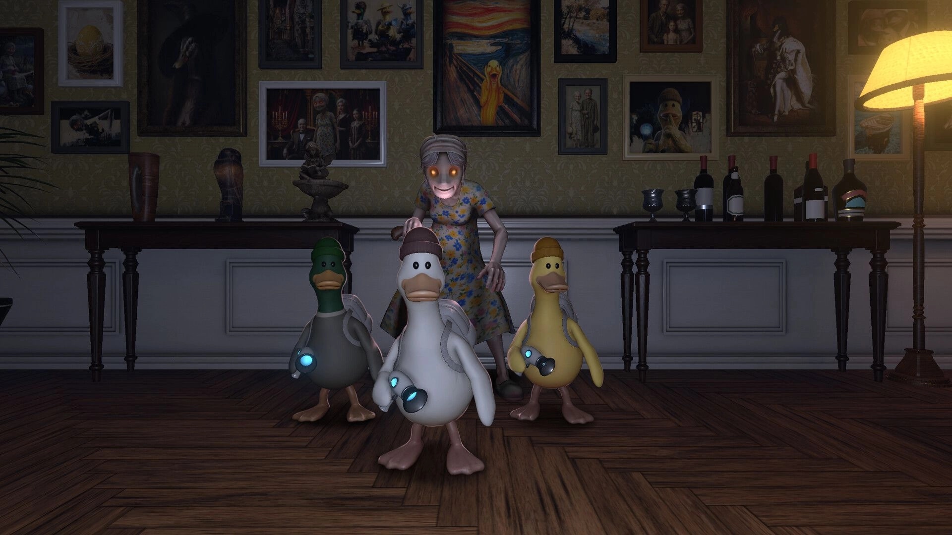 QUIET: Three duck characters hold flashlights as a glowing-eyed woman looms in a hallway gallery.
