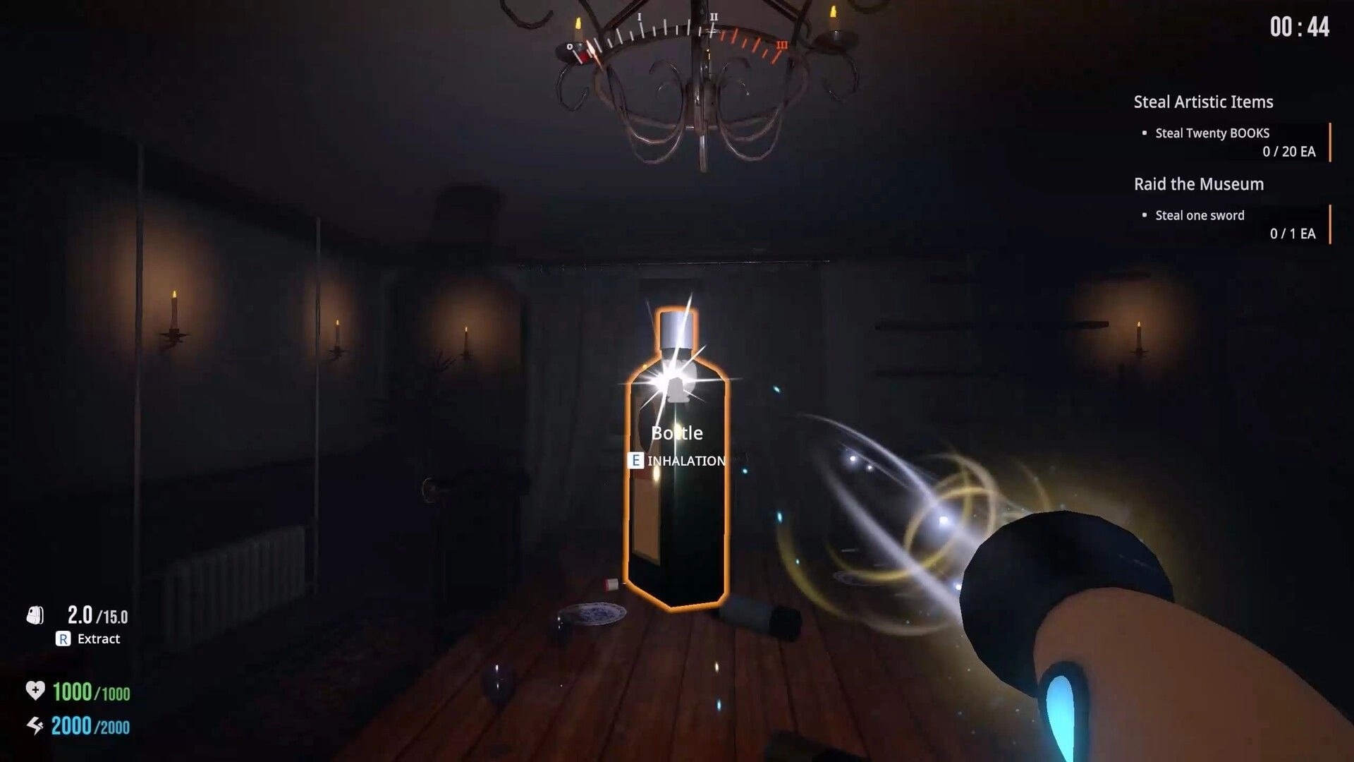 QUIET: Player aims extractor at glowing bottle prompt in dim hallway, mission list and timer on HUD.