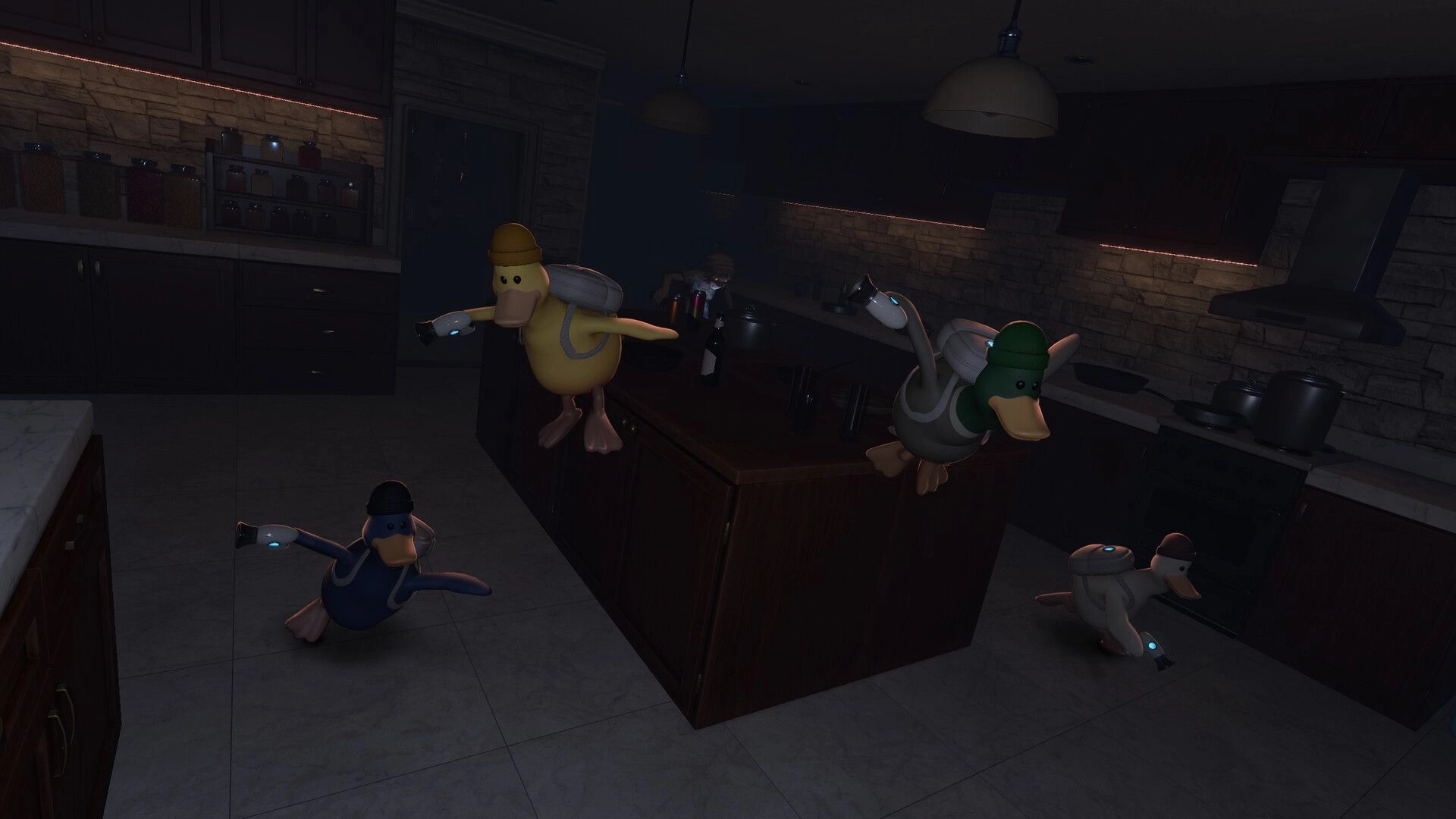 QUIET: Four duck astronauts sneak with flashlights around a dark kitchen island and counters at night.