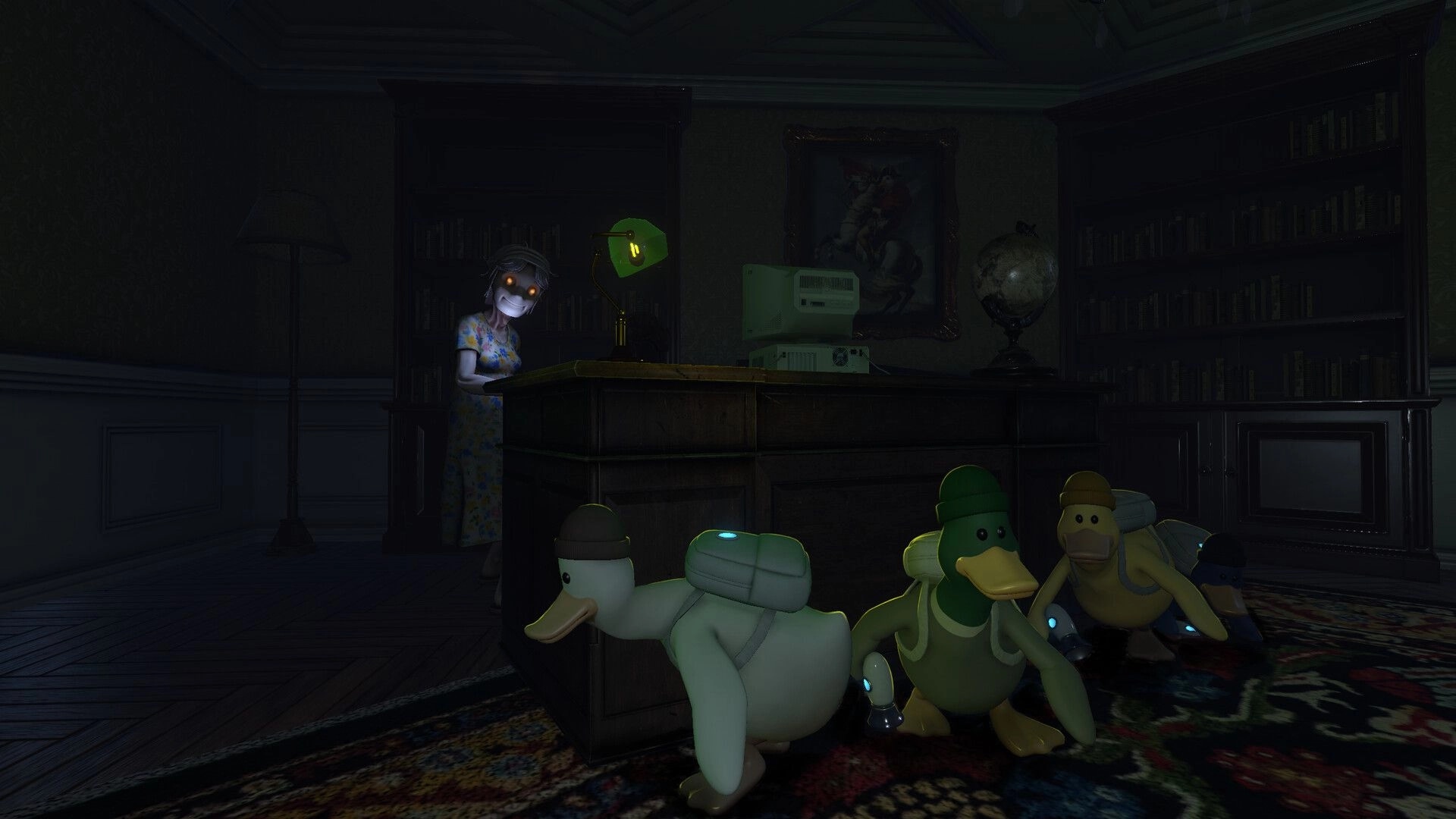 QUIET: Four duck astronauts crouch by a desk as a glowing-eyed woman watches in a dark library.