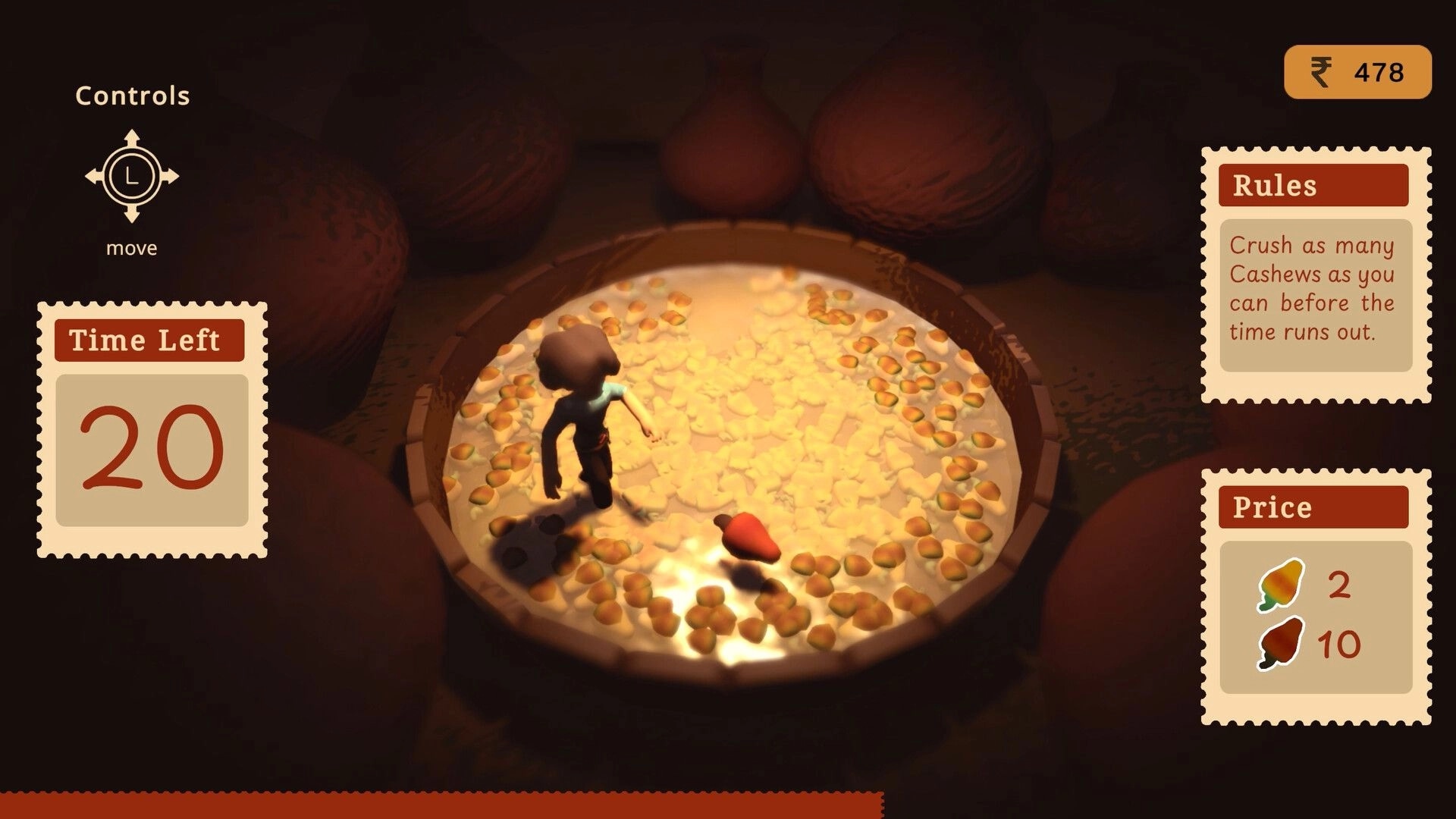 Raahi: Sandy stomps cashews in a barrel minigame, with time left 20, rules panel and ₹478 UI.