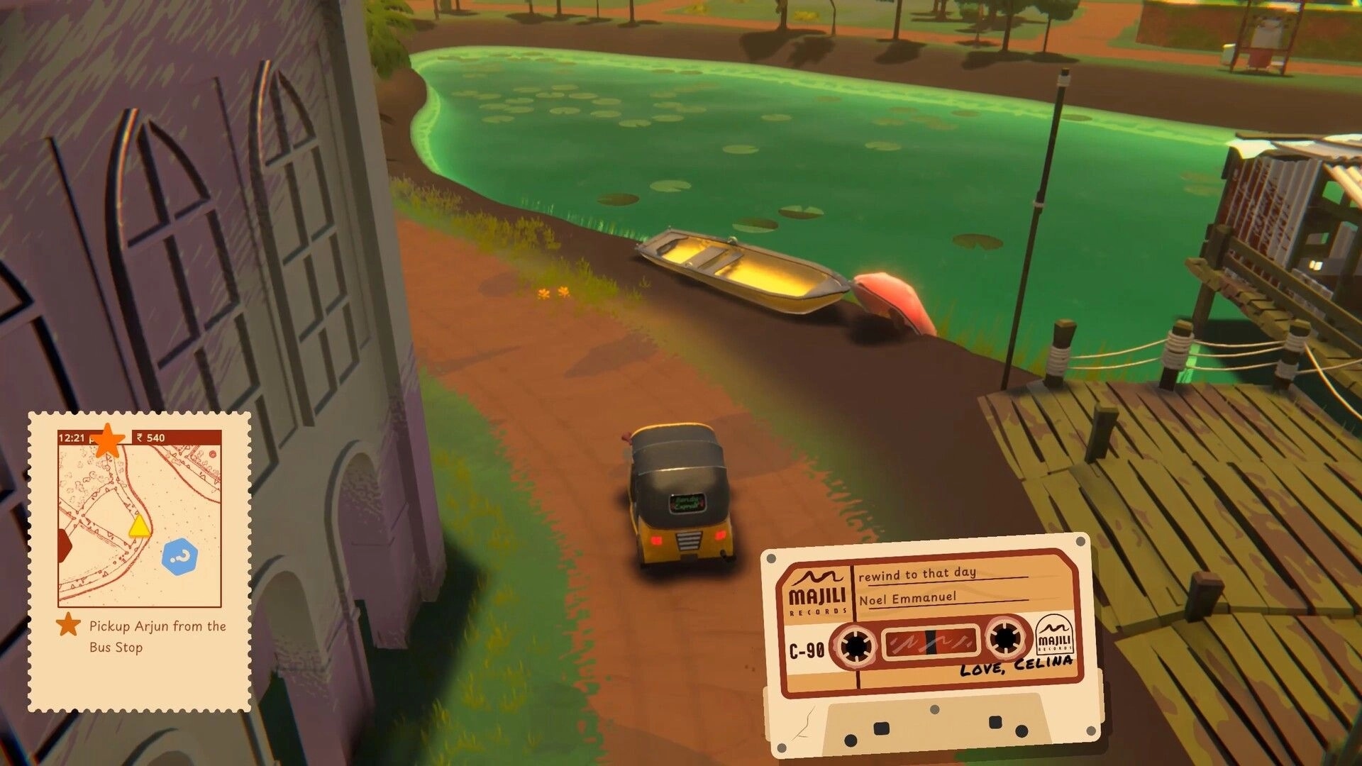 Raahi: Tuk-tuk parked by riverside dock, map UI and cassette overlay with pickup Arjun objective.