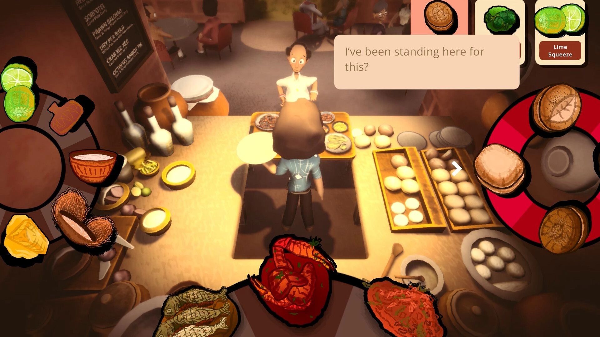 Raahi: Cooking minigame serving a customer at a dhaba counter with ingredient wheel and dialogue box.