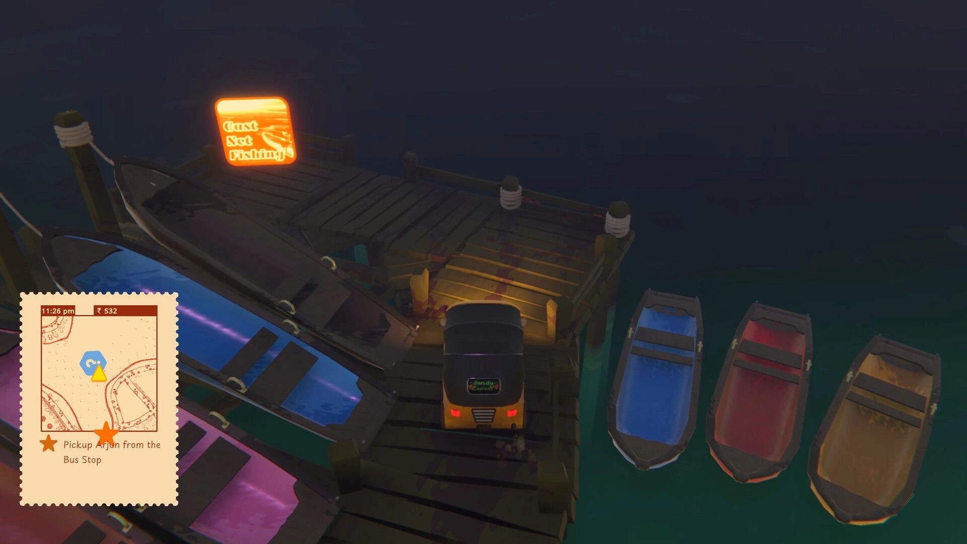 Raahi: Tuk-tuk parked on a dock by boats at night, map UI shows task to pickup Arjun.