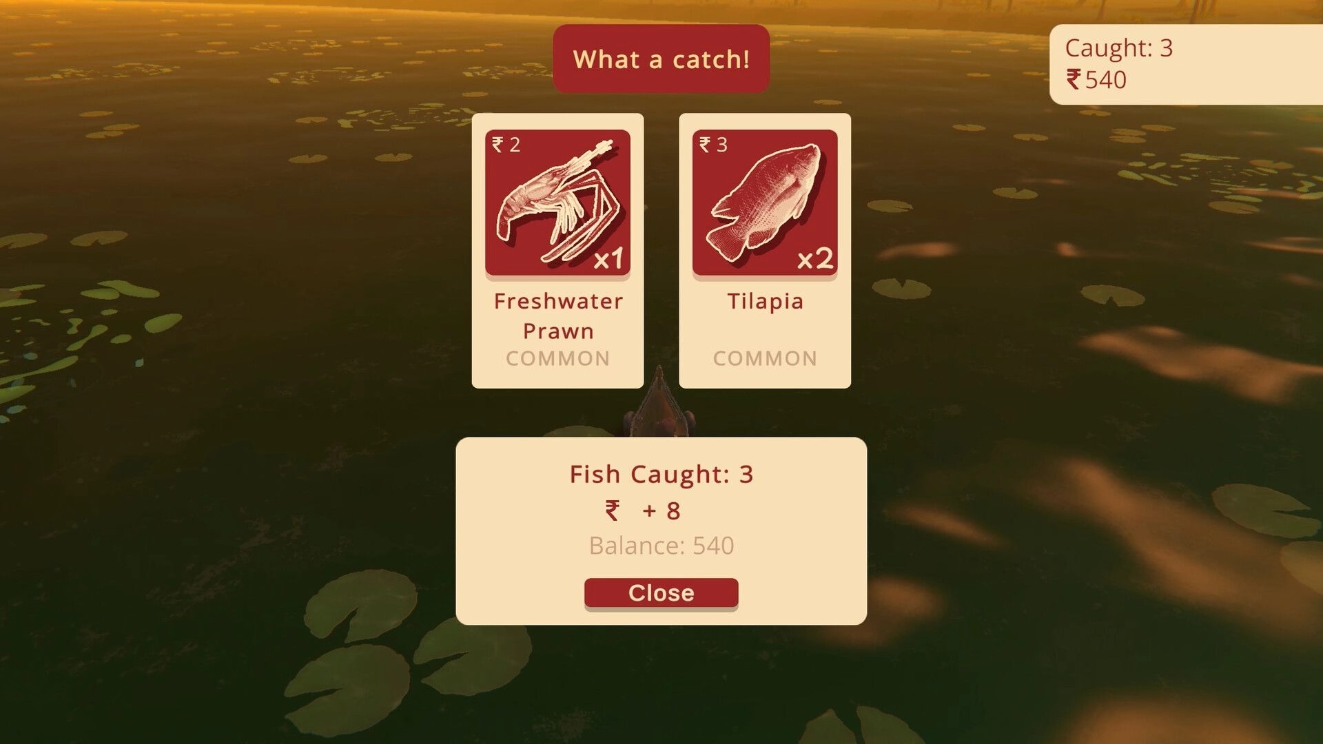 Raahi: Fishing reward screen showing prawn and tilapia cards, rupee earnings over lily pond water.