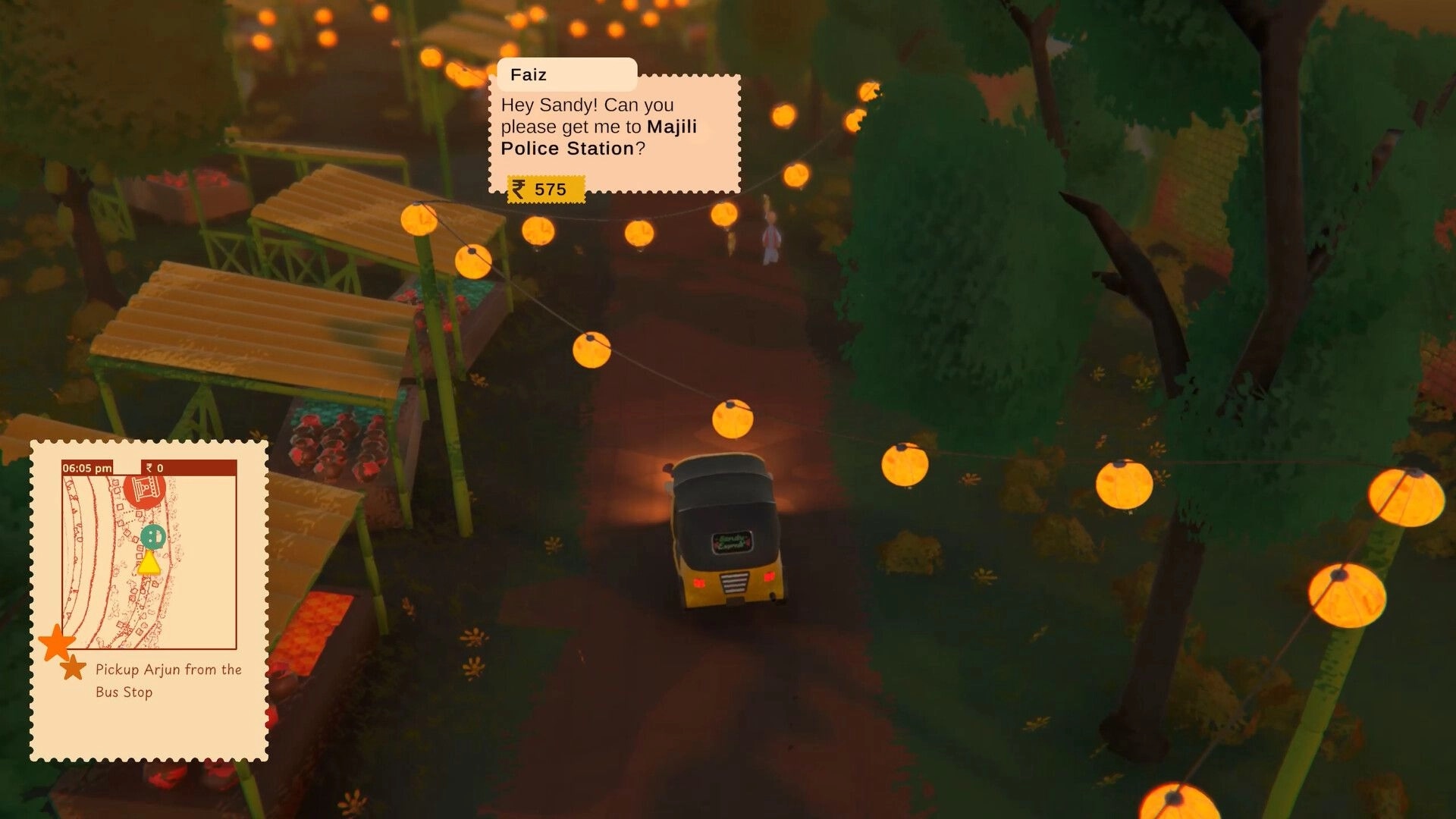 Raahi: Tuk-tuk driving at dusk under lanterns, with map quest and passenger request to police station.