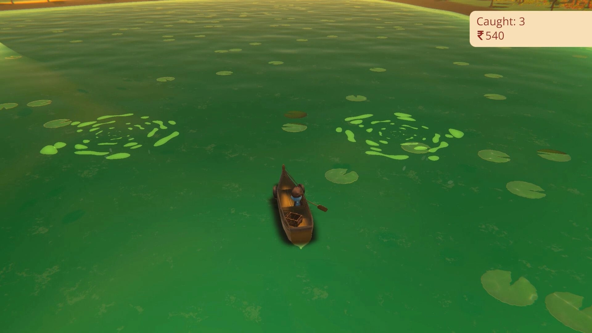 Raahi: Rowing a small boat on green lily-pad water with HUD showing Caught: 3 and ₹540.