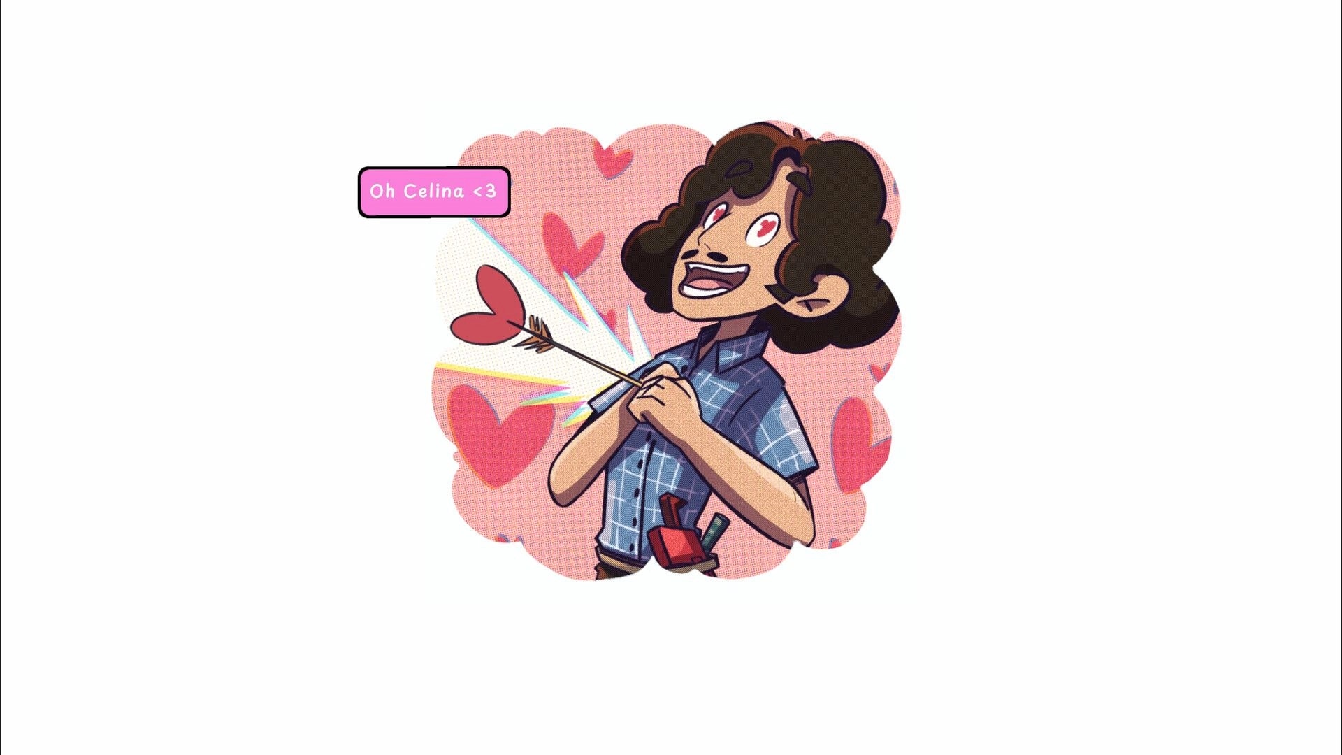 Raahi: Cartoon cutscene of lovestruck man struck by heart arrow, pink hearts backdrop and dialogue box.