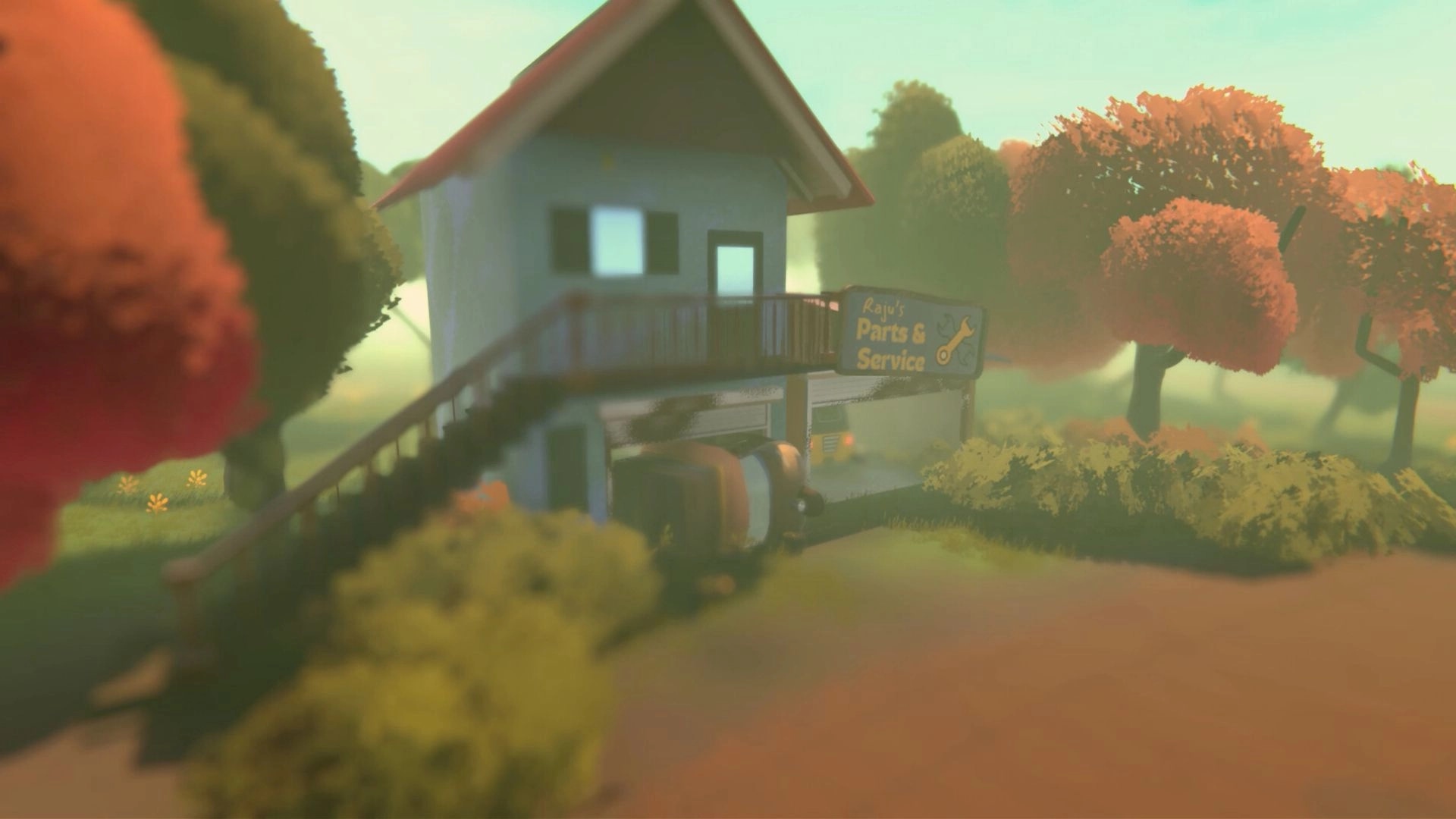 Raahi: View of Raju's Parts & Service garage sign beside a small house amid misty trees outdoors.