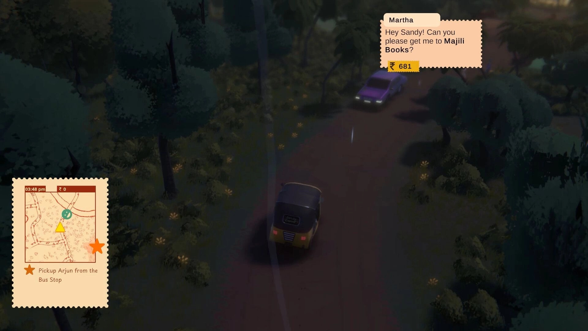 Raahi: Tuk-tuk driving on a forest road with mini-map quest and Martha ride request dialog UI.