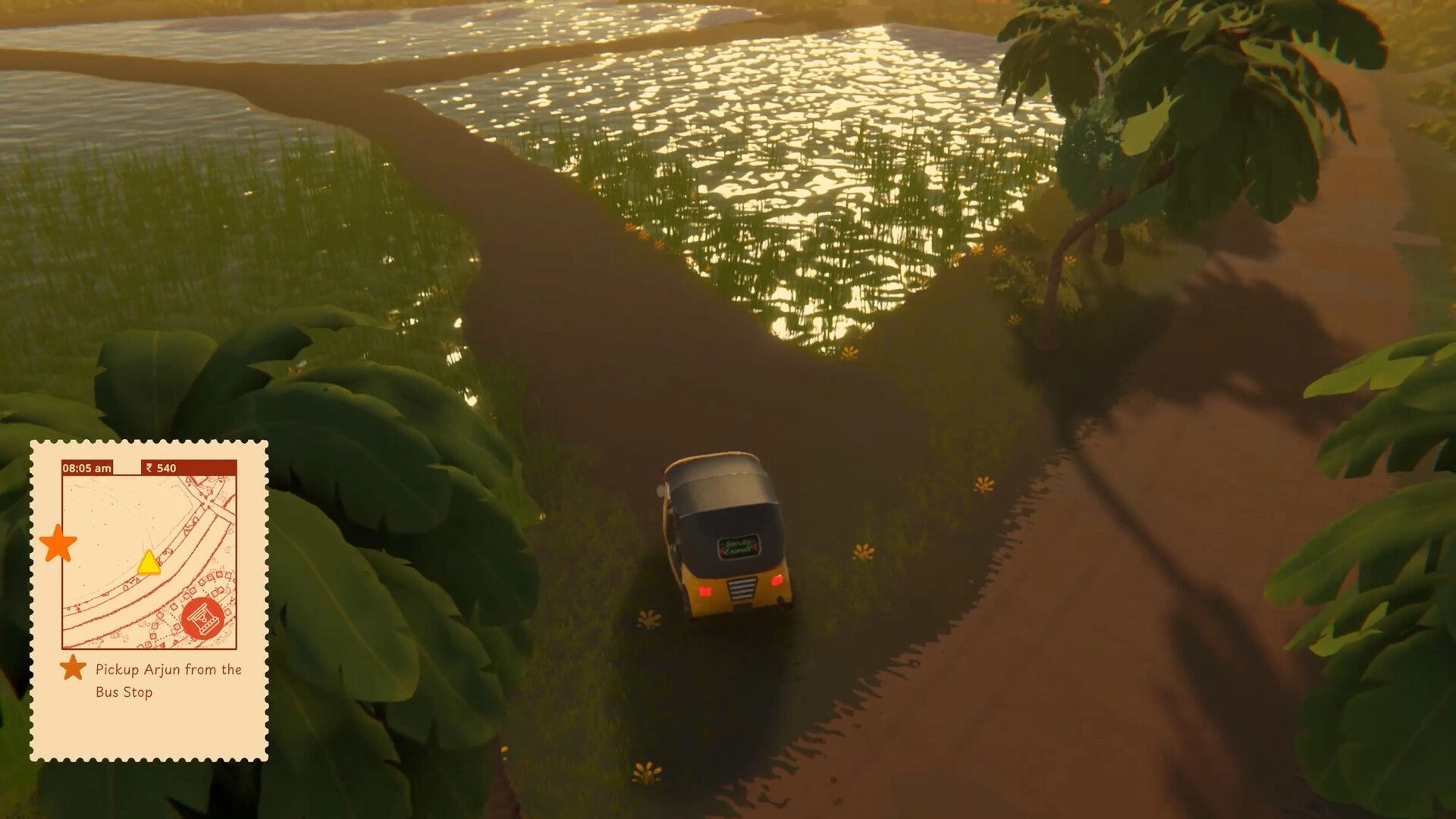 Raahi: Tuk-tuk driving along a riverside dirt path at sunrise, with minimap and pickup objective UI.