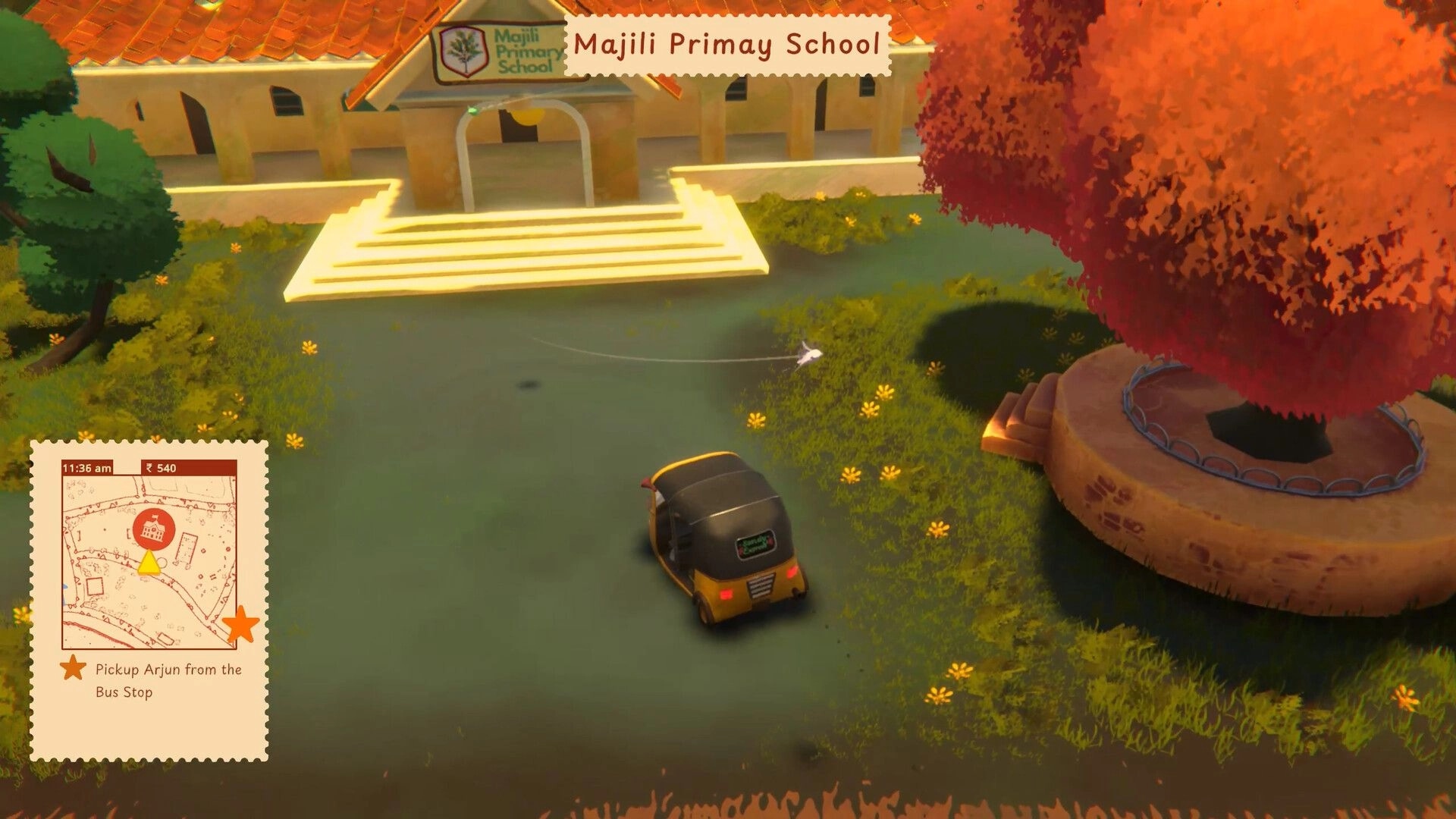 Raahi: Tuk-tuk parked by Majili Primary School with minimap and pickup Arjun objective UI visible.