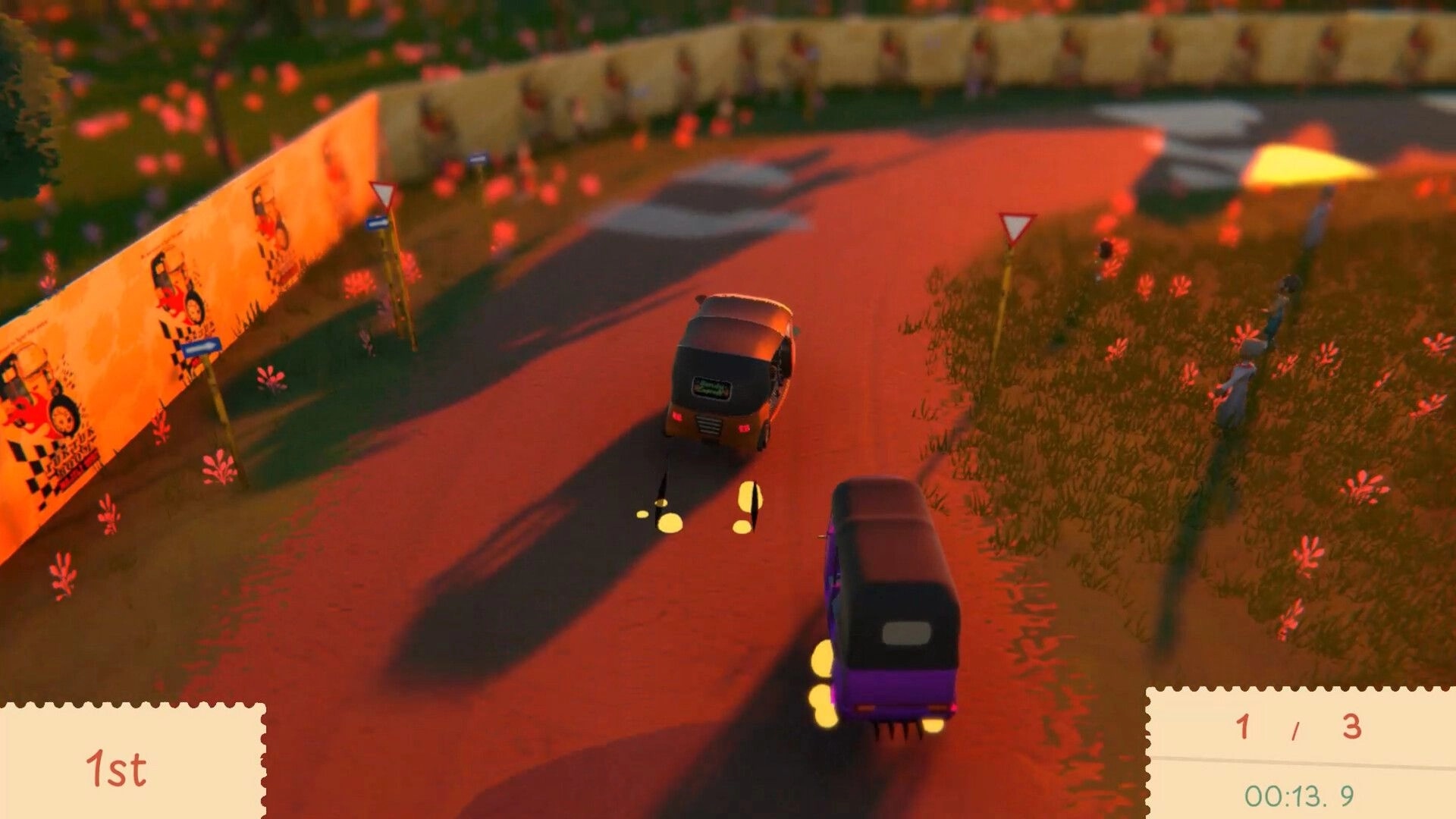 Raahi: Tuk-tuk race in 1st place on a sunset track, lap 1/3 timer UI and roadside banners.