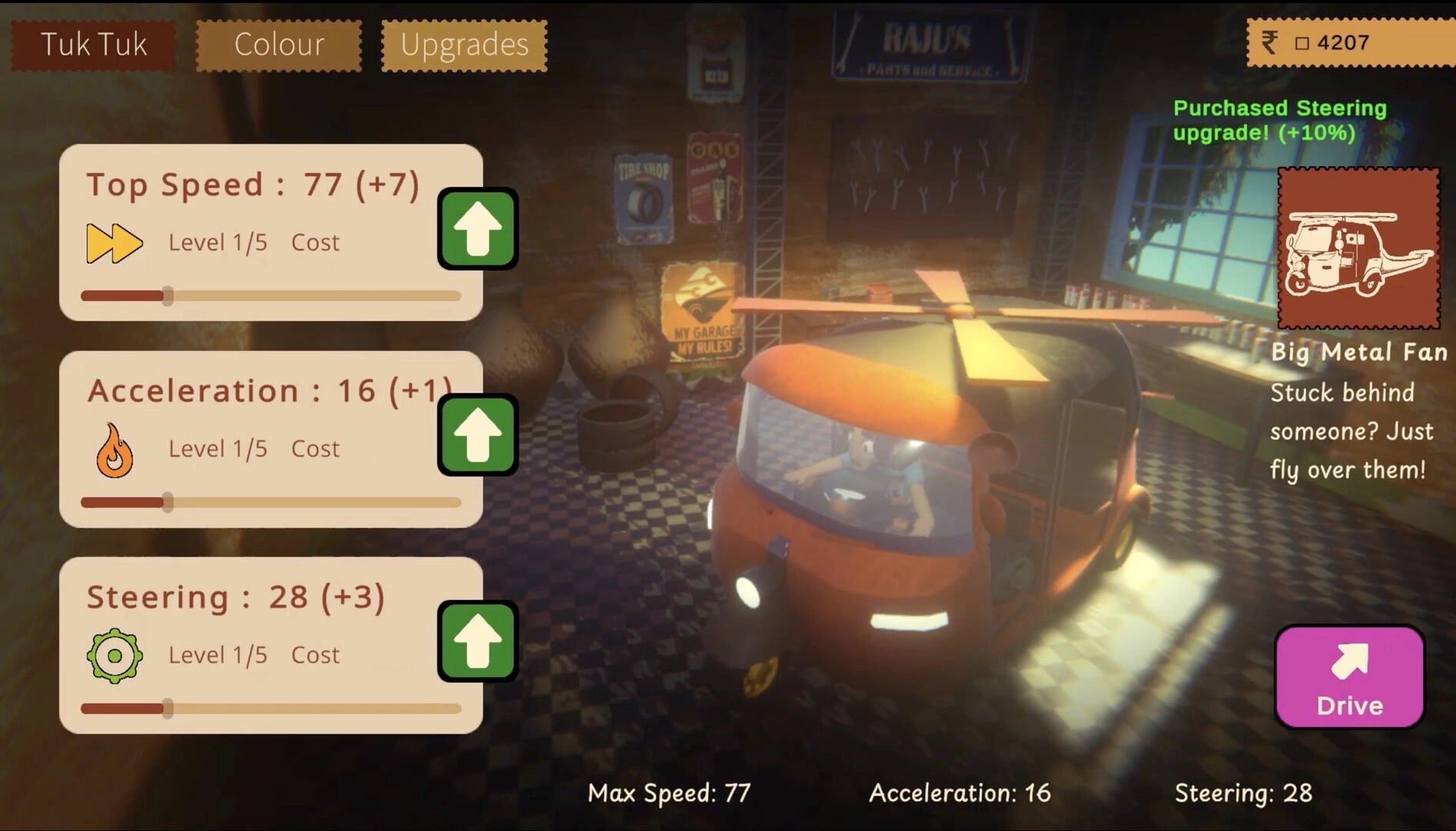 Raahi: Tuk-tuk upgrades menu boosting speed, acceleration and steering inside a cluttered garage shop.