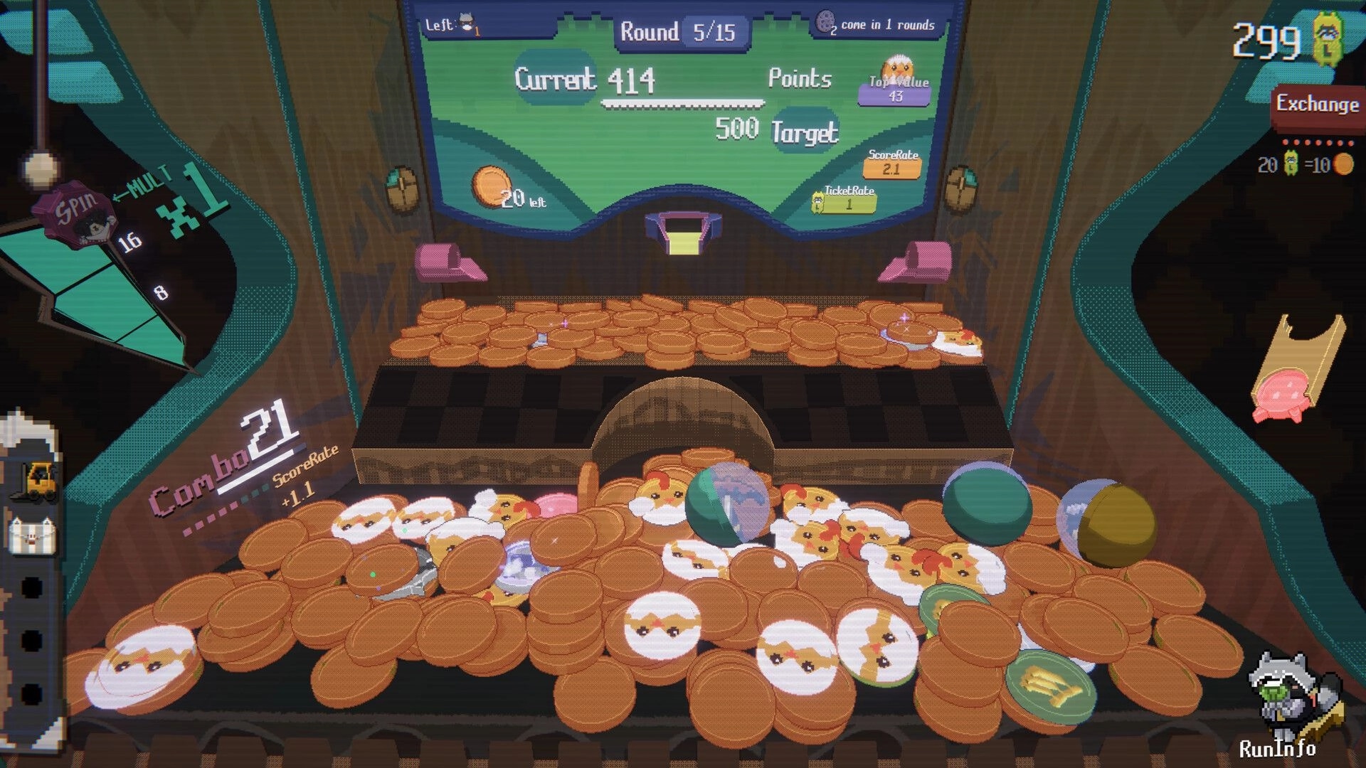 RACCOIN: Coin pile with Combo 21, score rates, and round details on arcade-style machine display