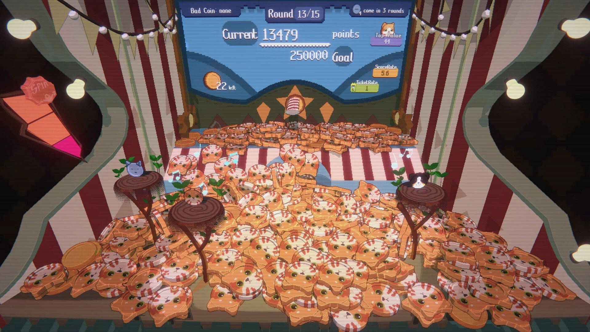 RACCOIN: Coin-pushing gameplay with stacked raccoon coins and score display in carnival-themed setting