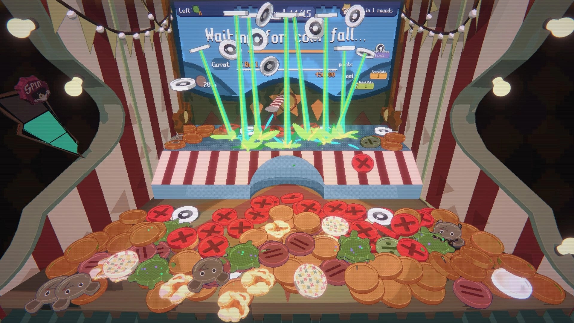 RACCOIN: Coins cascade as neon beams light up a colorful arcade-style coin pusher machine