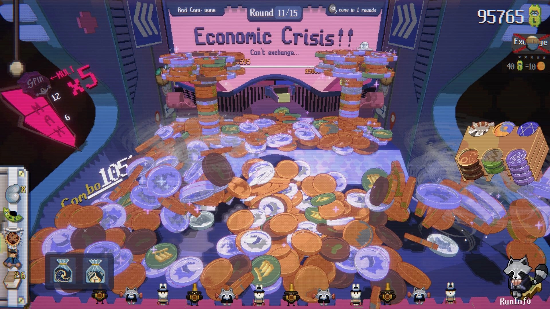 RACCOIN: Stacked coins and combo meter in an economic crisis round of a coin pusher machine game