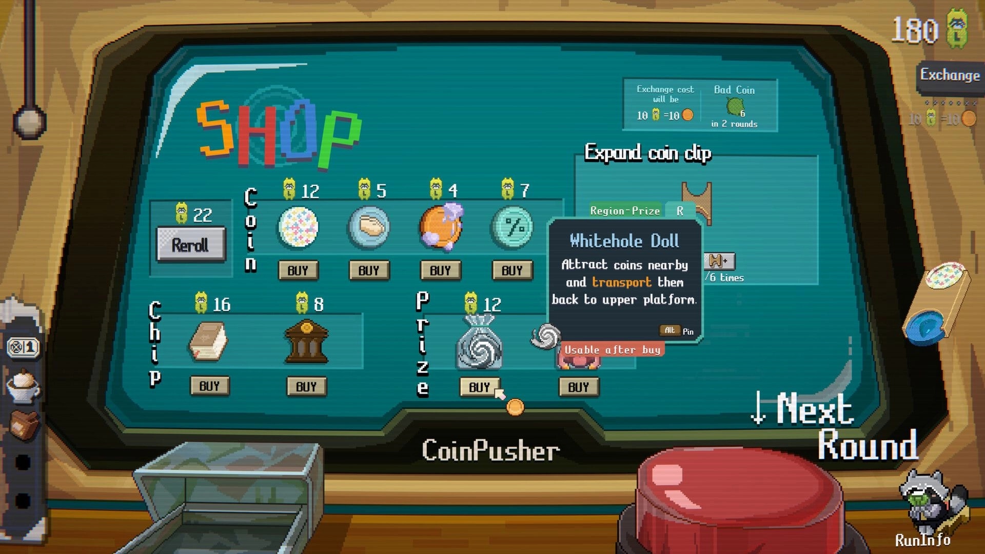 RACCOIN: Shop menu displaying various coins and items with a focus on the Whitehole Doll prize.