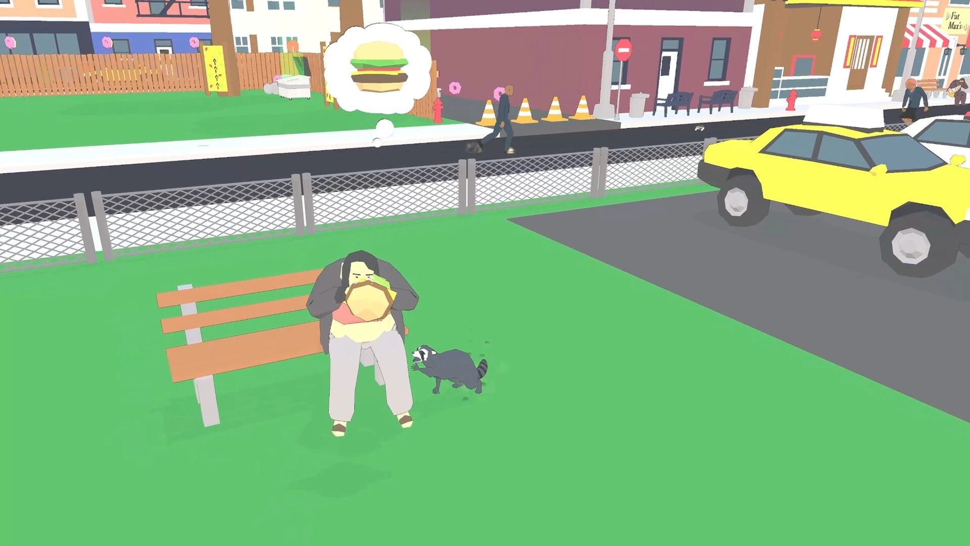 Raccoon Crime Spree: Raccoon sneaks up on person eating burger on park bench near yellow car and street.
