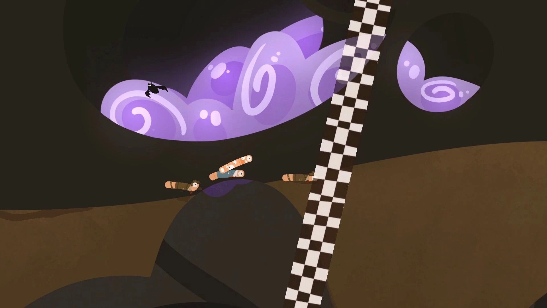 RaceWorms: Worms racing towards finish line in a tunnel with swirling purple patterns and checkered flag