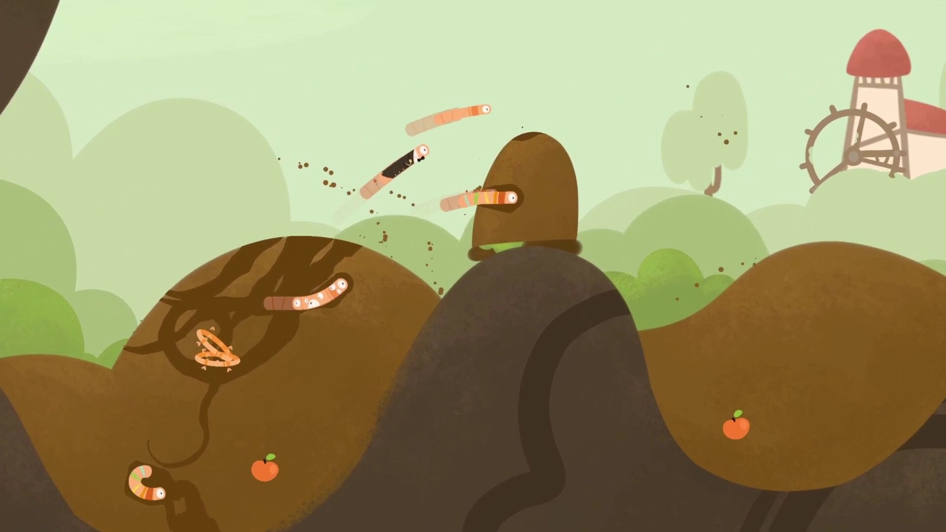 RaceWorms: Worms leaping and burrowing through hilly terrain with trees and a windmill in the background