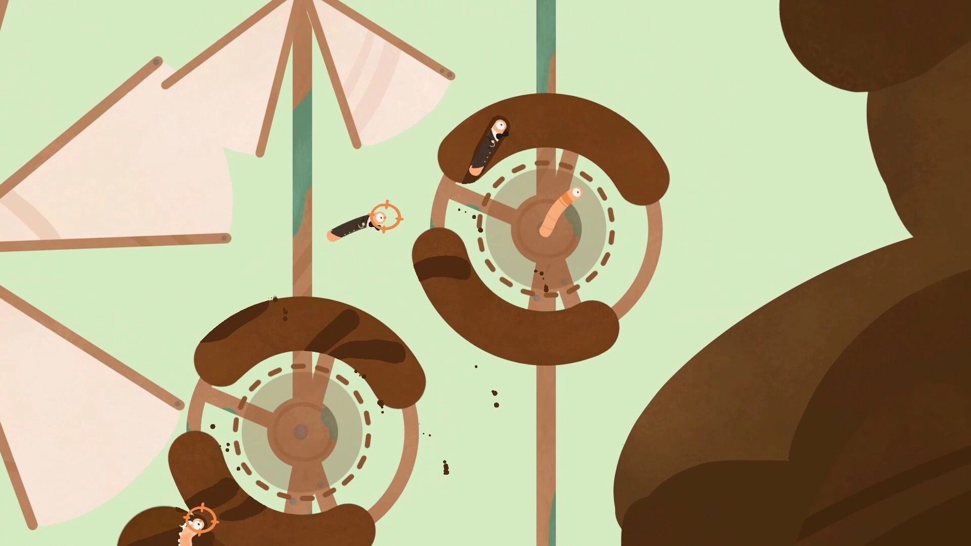 RaceWorms: Two worms racing through spinning dirt tunnels in a light green, abstract environment