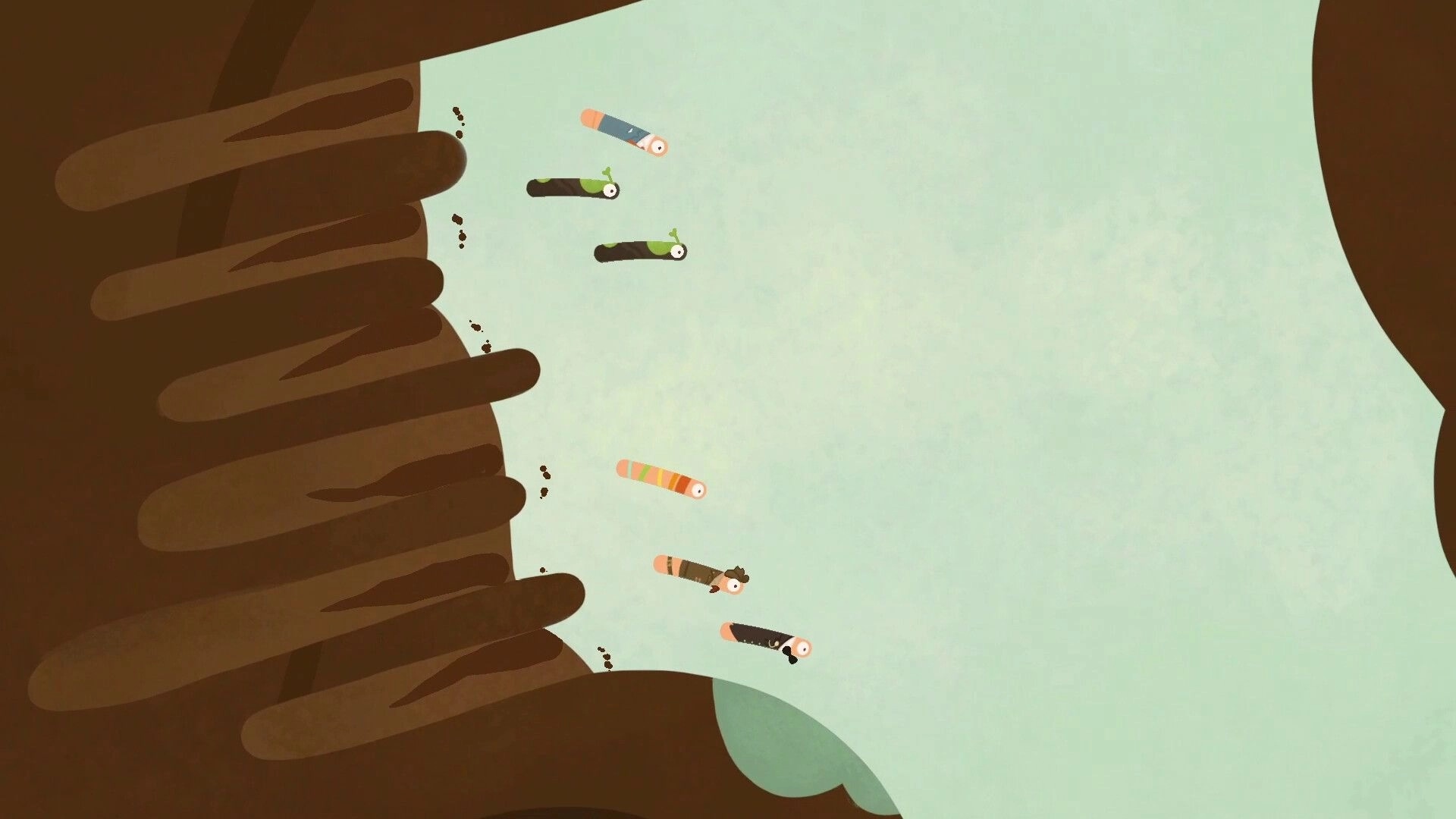 RaceWorms: Colorful worms mid-air racing near a cliffside in a vast open sky environment.