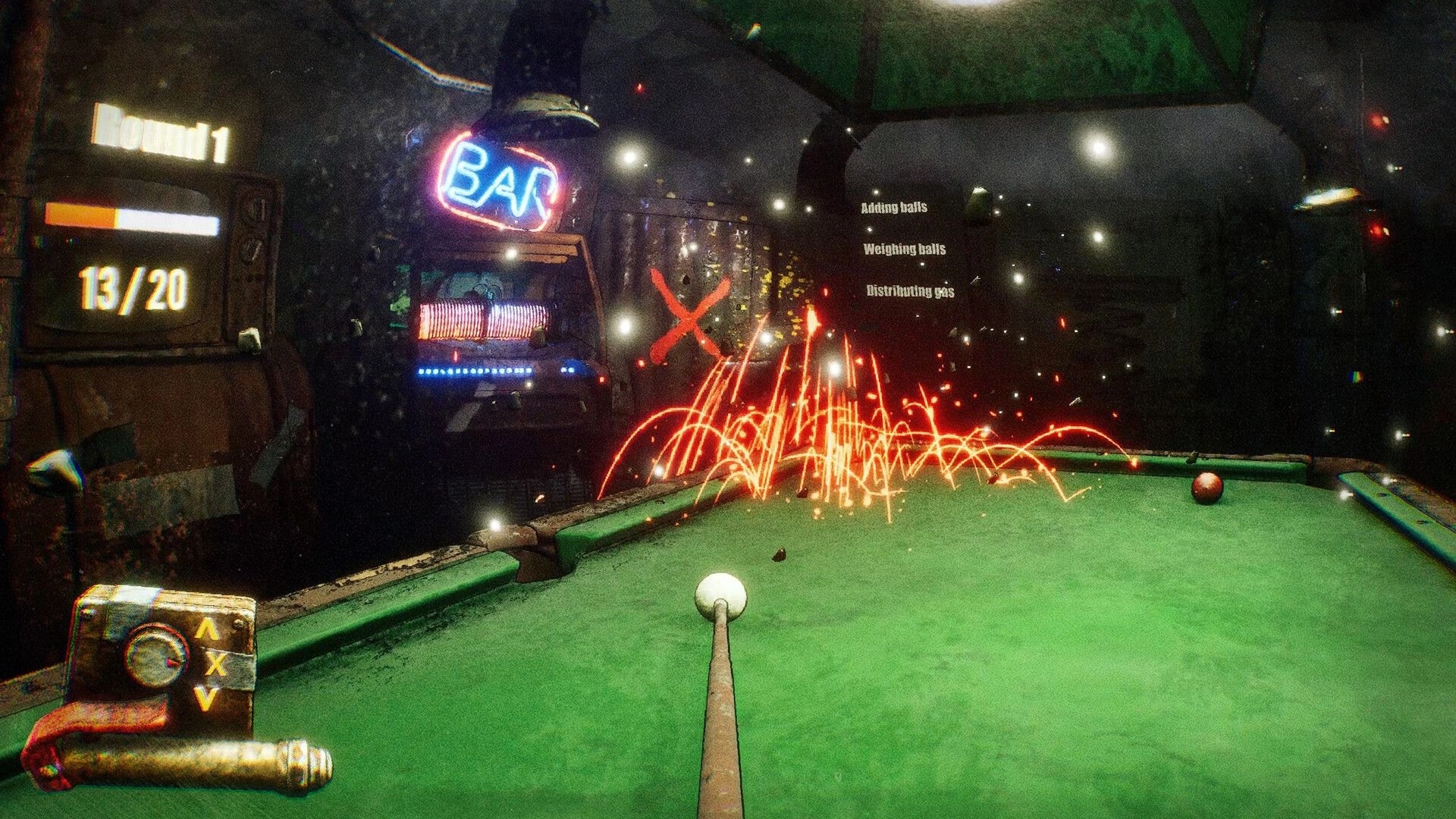 Rackpunk: Cue ball shot sparks across pool table in neon bar room with round counter UI 13/20.