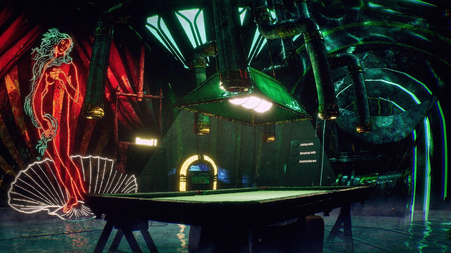 Rackpunk: Neon dancer hologram by a pool table in a rusty tunnel bar, Round 1 text glowing.