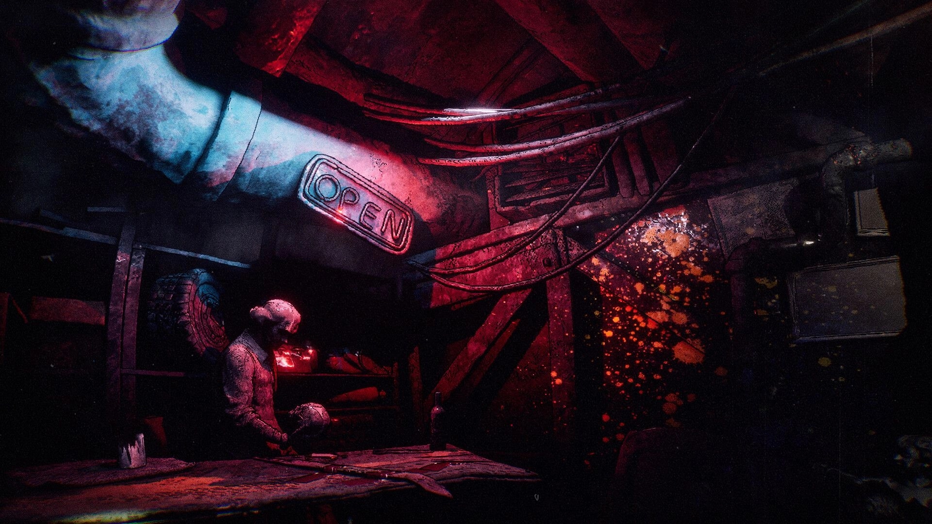 Rackpunk: Lone NPC holding a pool ball in a grimy red-lit shack with an OPEN sign and cables.