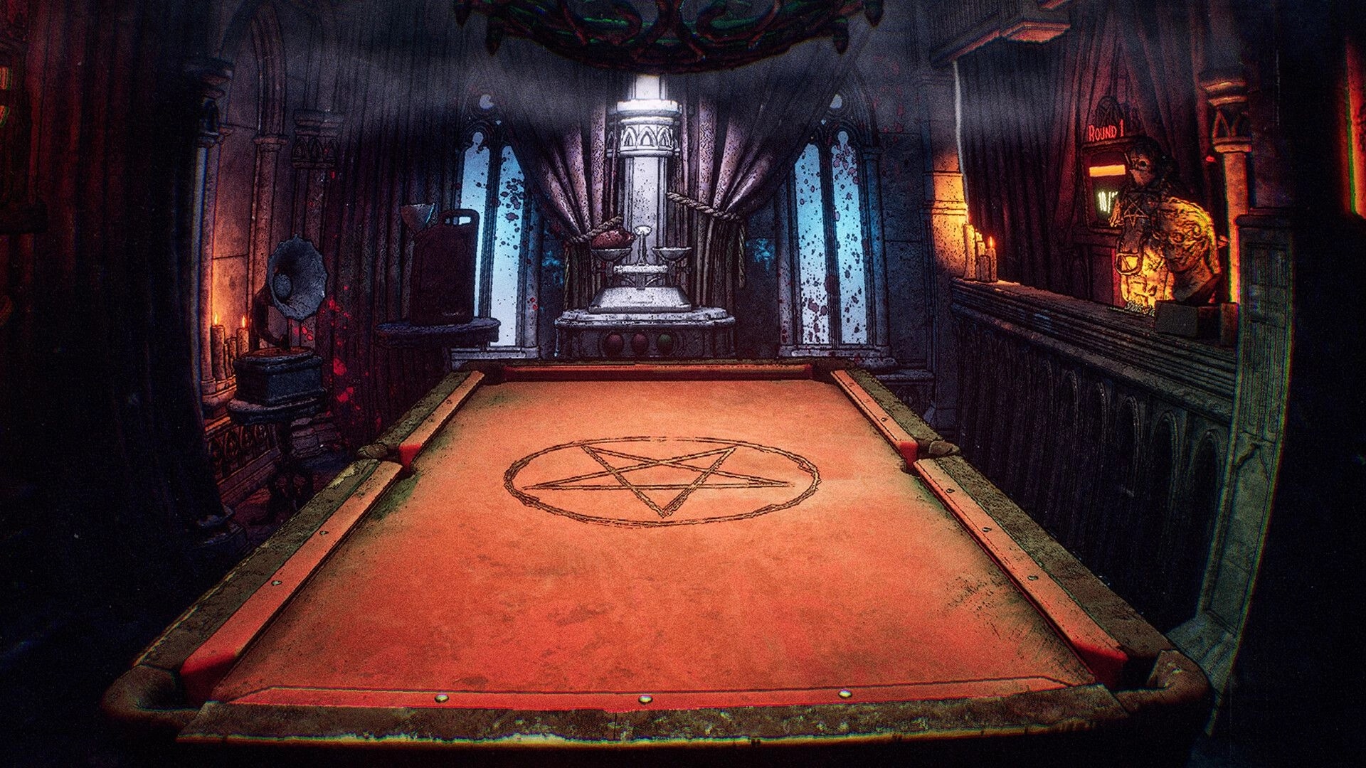 Rackpunk: Empty pentagram pool table in gothic chapel bar, candles and Round 1 sign glowing nearby.