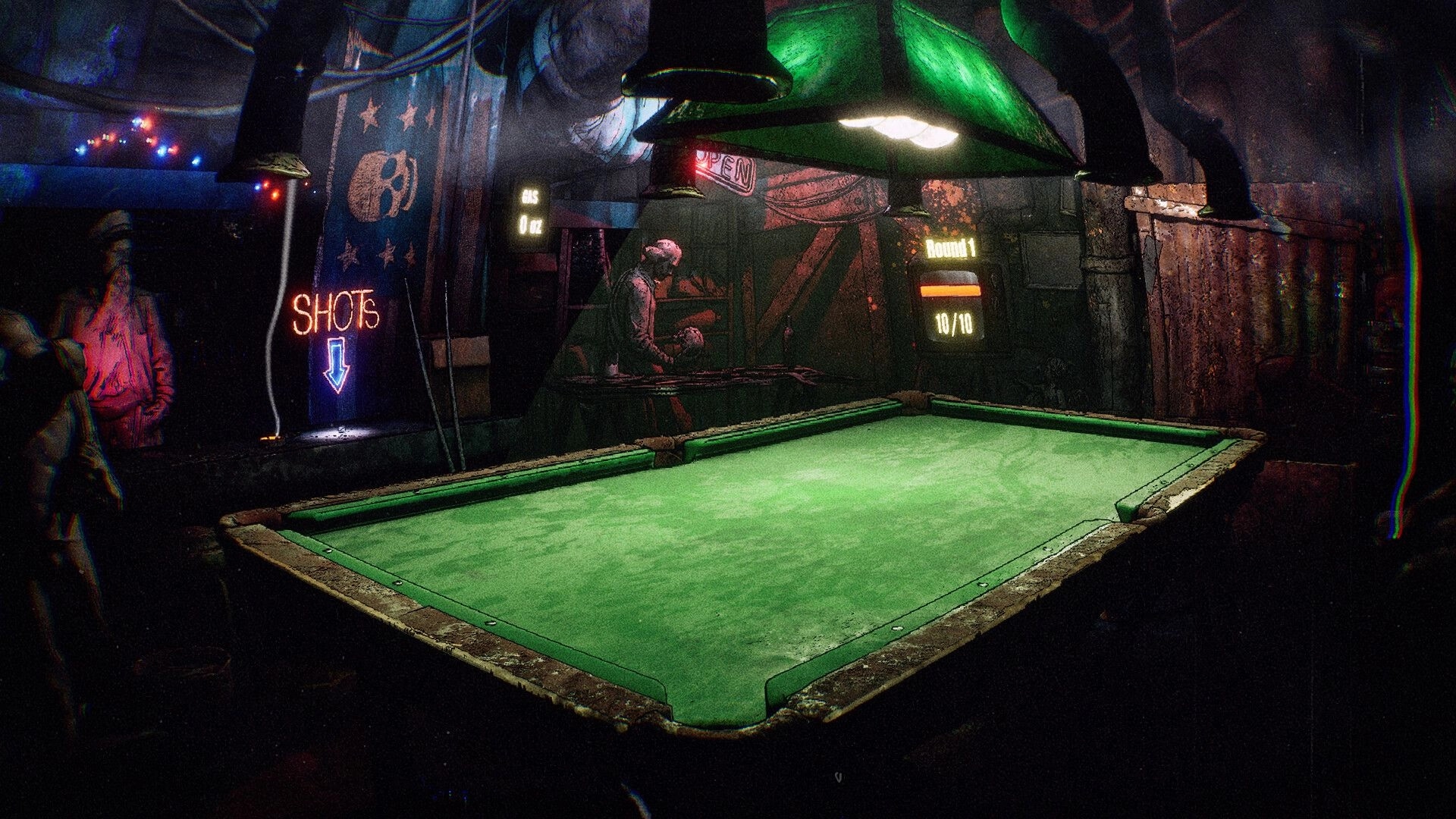 Rackpunk: Empty pool table under green lamps with Round 1 bar and neon SHOTS sign in grimy bar.