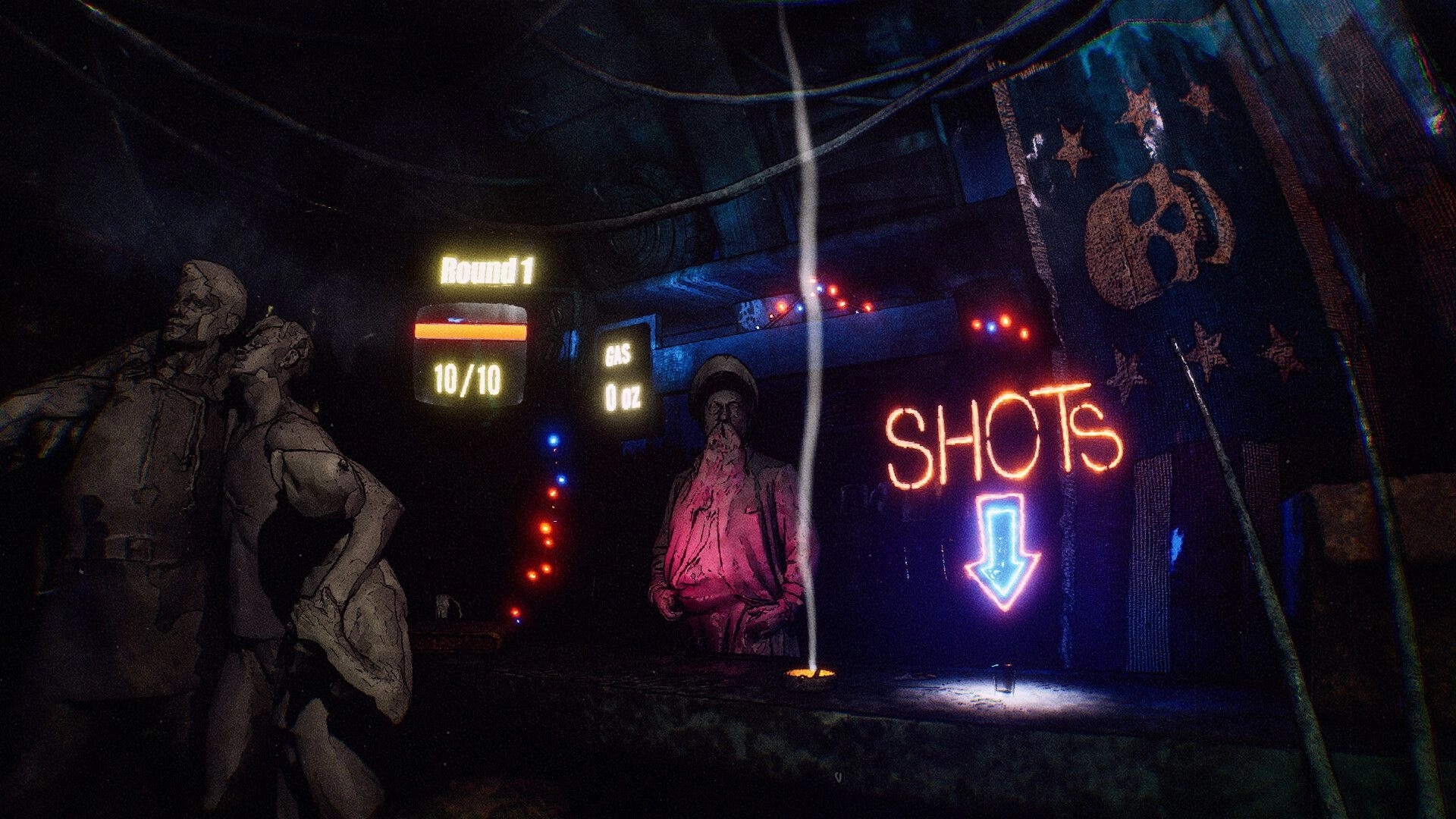 Rackpunk: Round 1 HUD with 10/10 health and gas 0 oz in a neon-lit wasteland bar area.