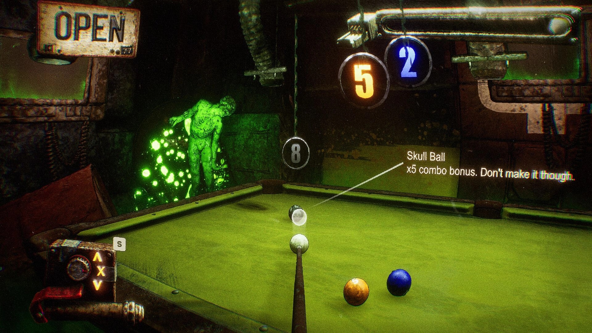 Rackpunk: Aiming cue ball at skull ball on grimy pool table, toxic corpse glows beside OPEN sign.
