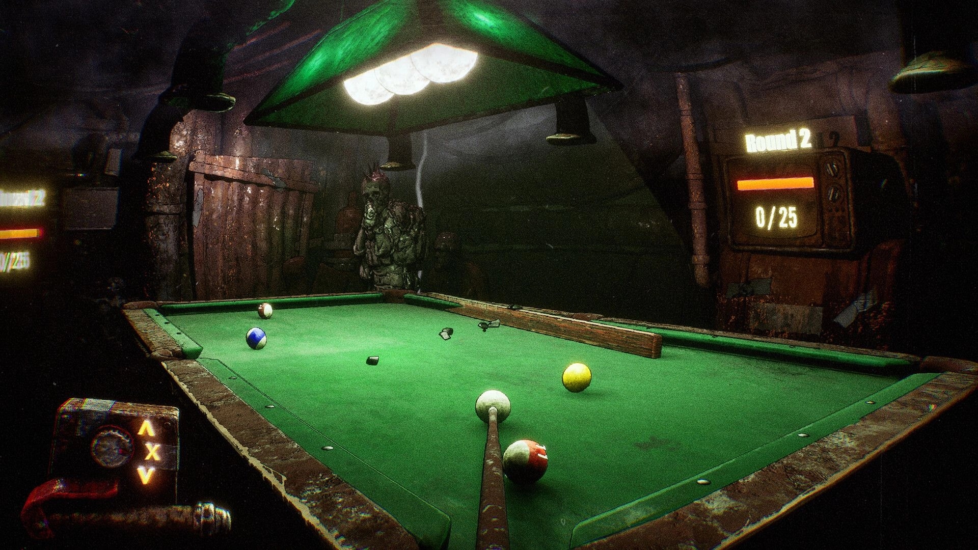 Rackpunk: Lining up a cue shot on a pool table in a rusty bunker arena with Round 2 UI panel.