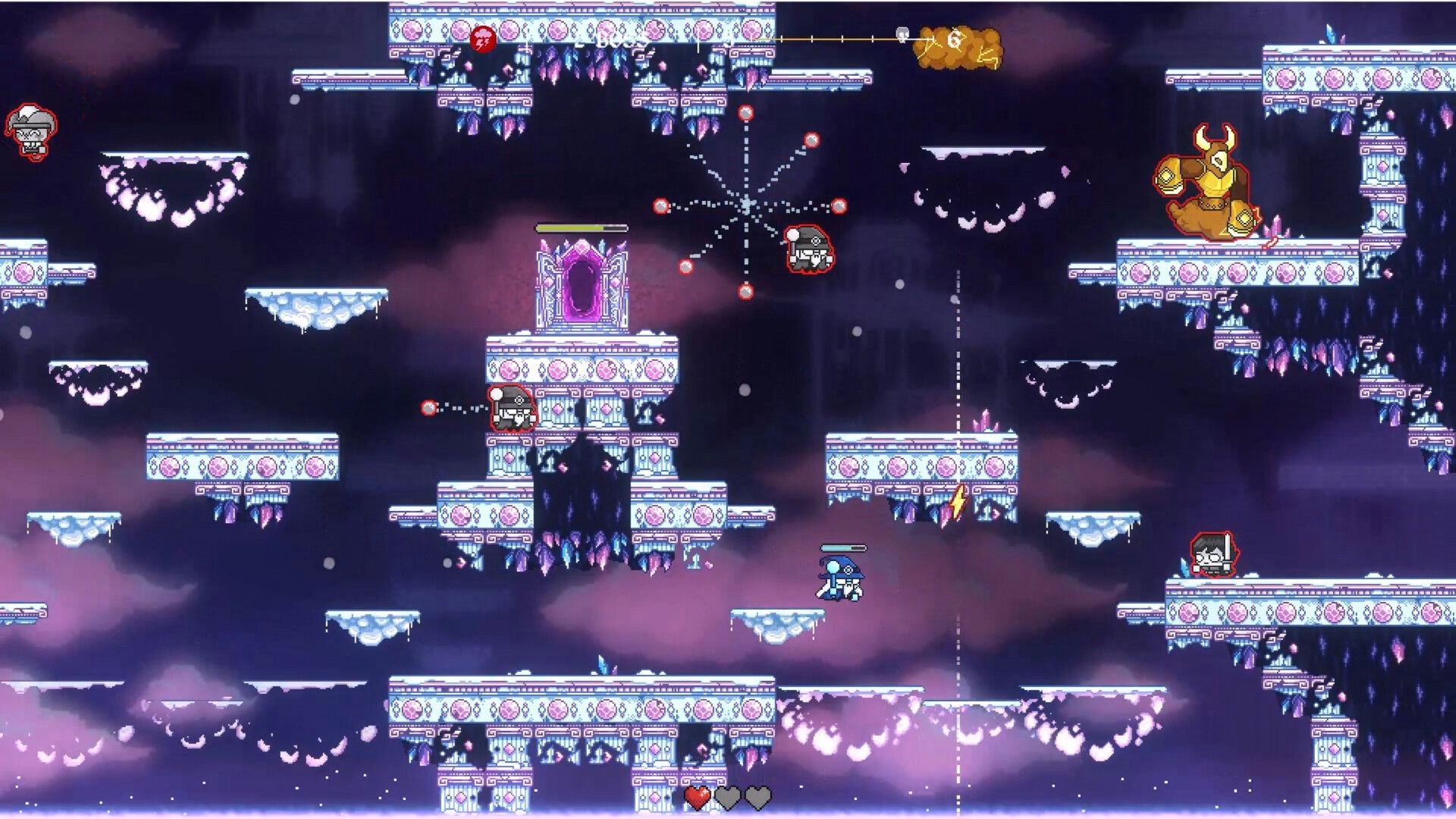 RAD: Side-scrolling platform arena with blue hero, portal door, and horned enemy on icy platforms.