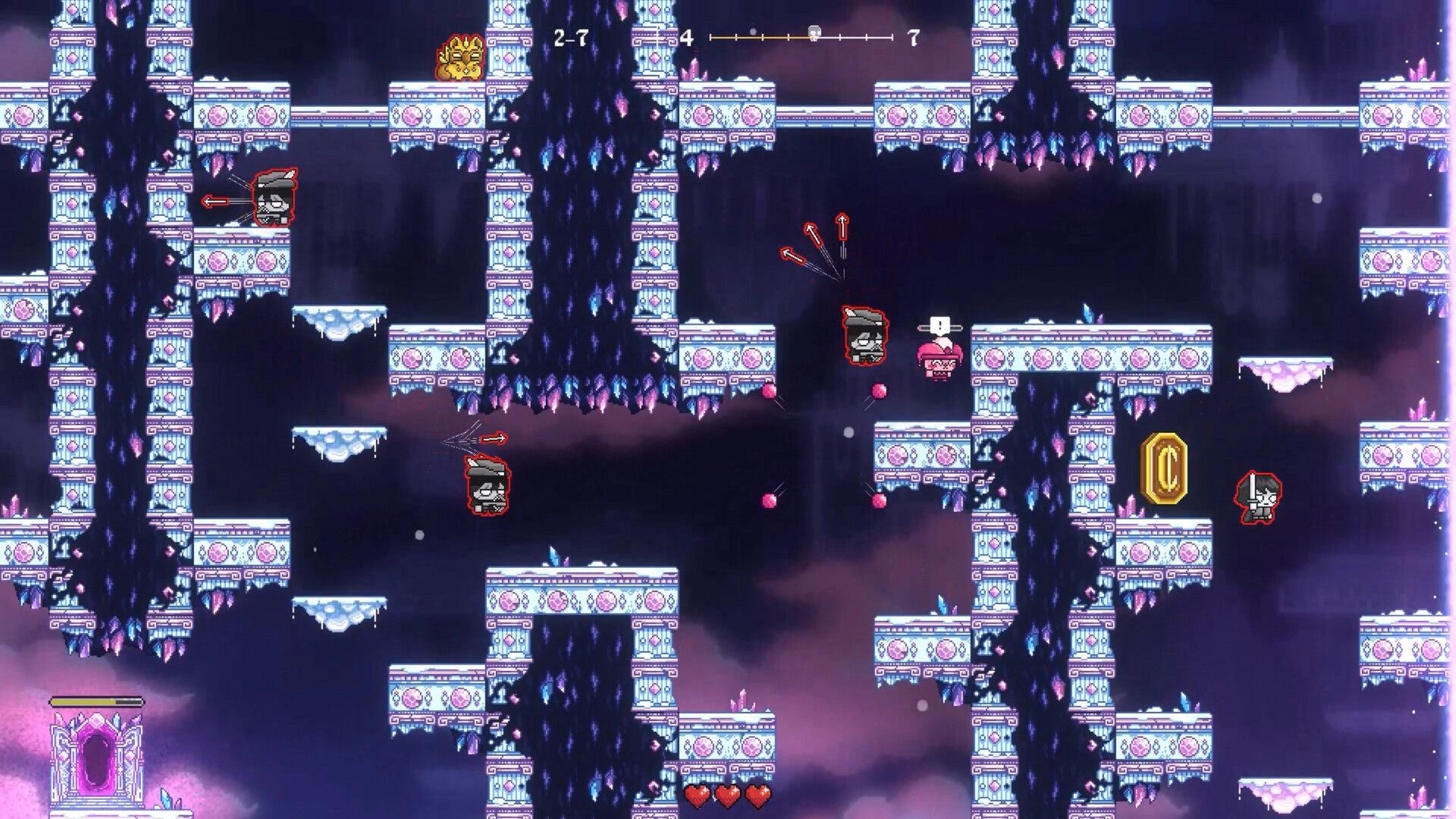 RAD: Platforming through icy crystal caverns with enemies and coin pickup, hearts HUD and stage bar.