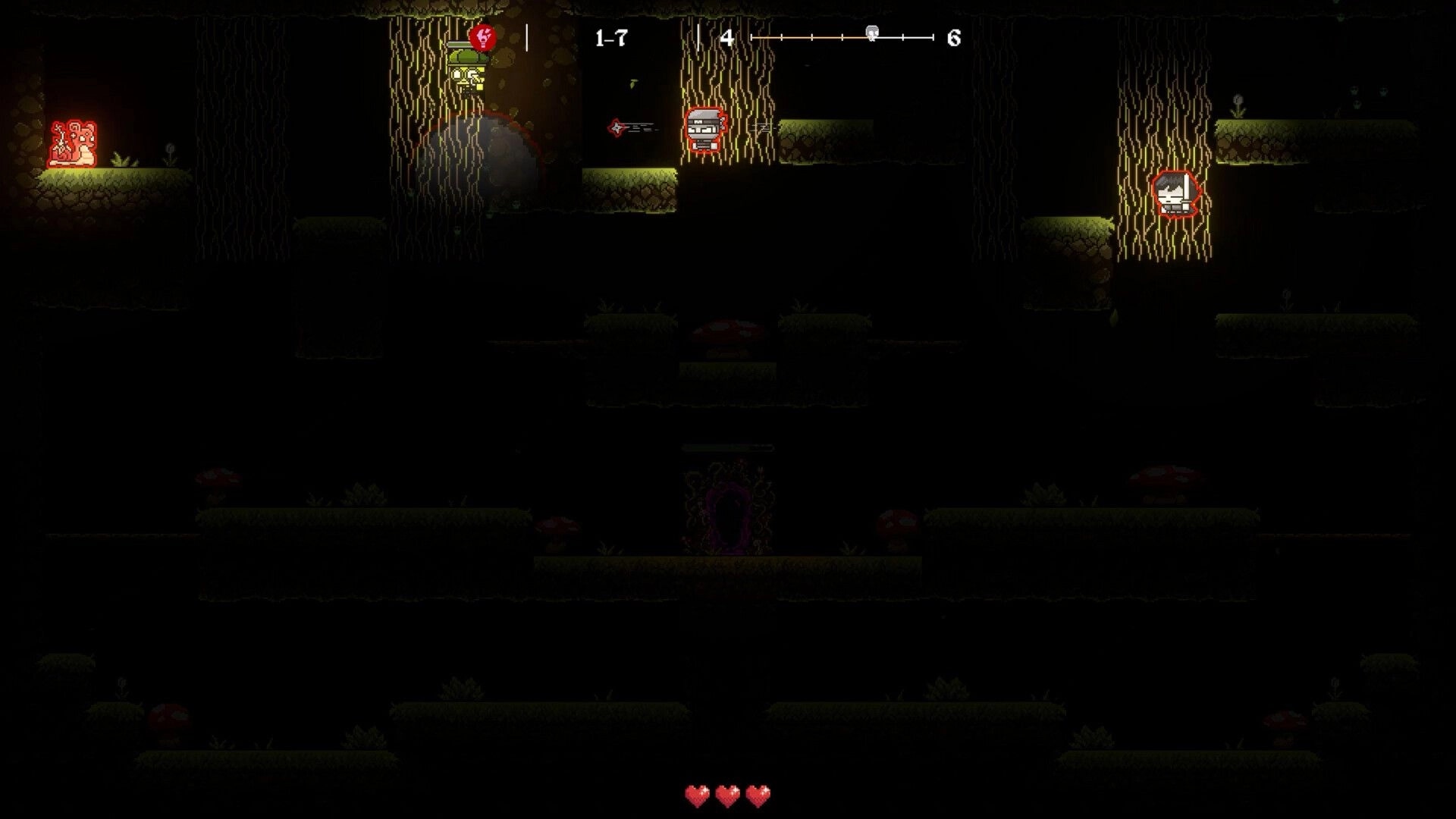 RAD: Player explores dark forest cave platforms with enemies above, hearts HUD and level 1-7 UI.