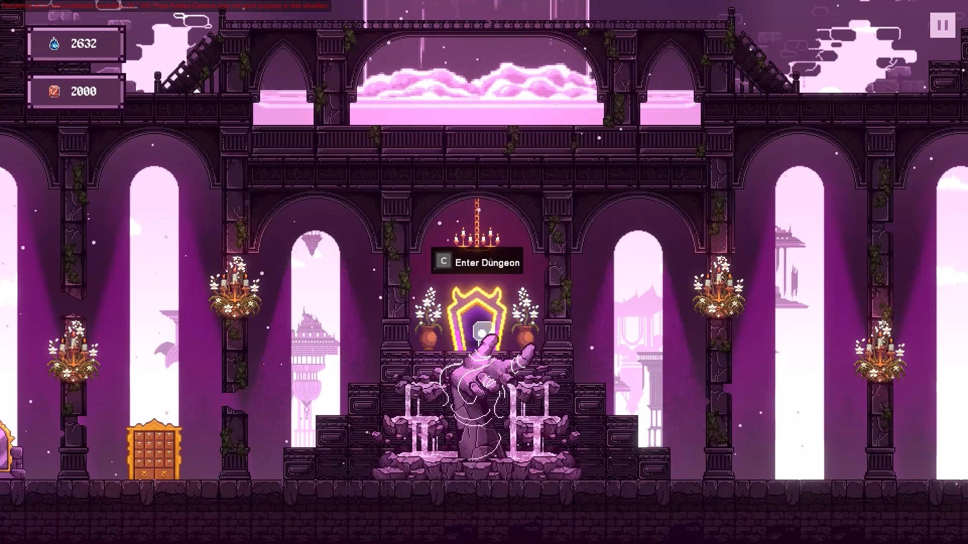 RAD: Enter Dungeon prompt over glowing portal and statue in purple castle hall with currency UI left.