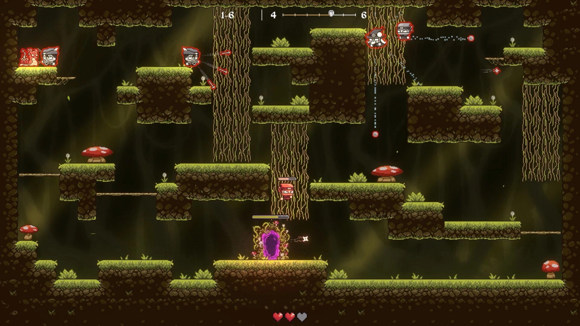 RAD: Side-scrolling platform combat with enemies and a purple portal in a mossy cave dungeon UI.