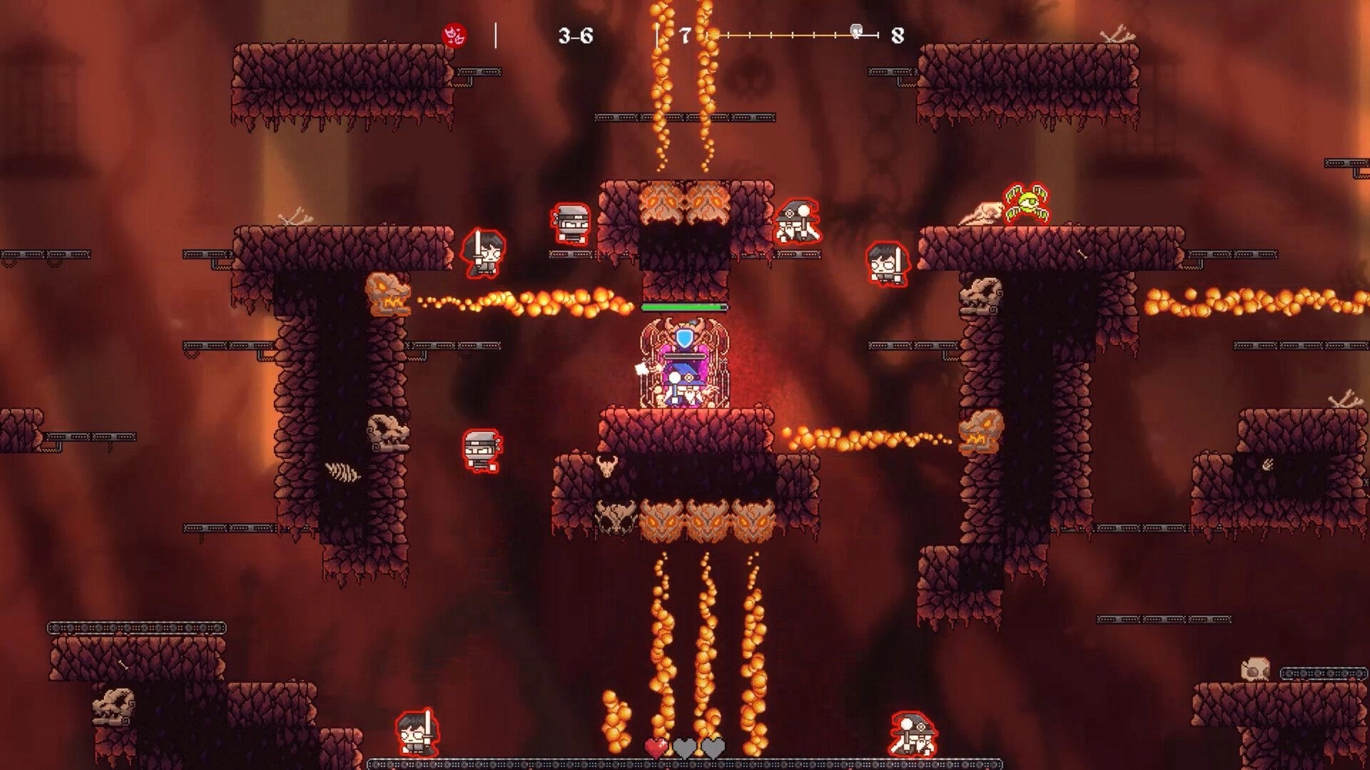 RAD: Hero stands on central platform amid fire streams, skull blocks, and enemy icons in lava cavern.