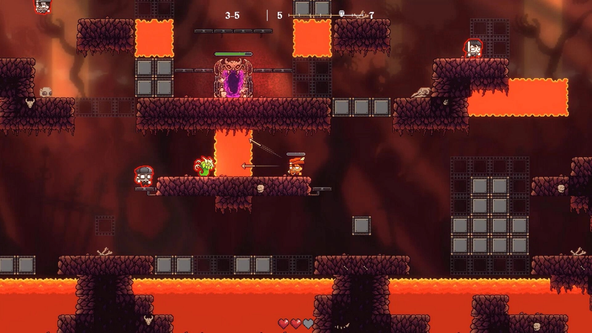 RAD: Player fires a tether at a green enemy on rocky lava platforms, portal and stage 3-5 UI above.