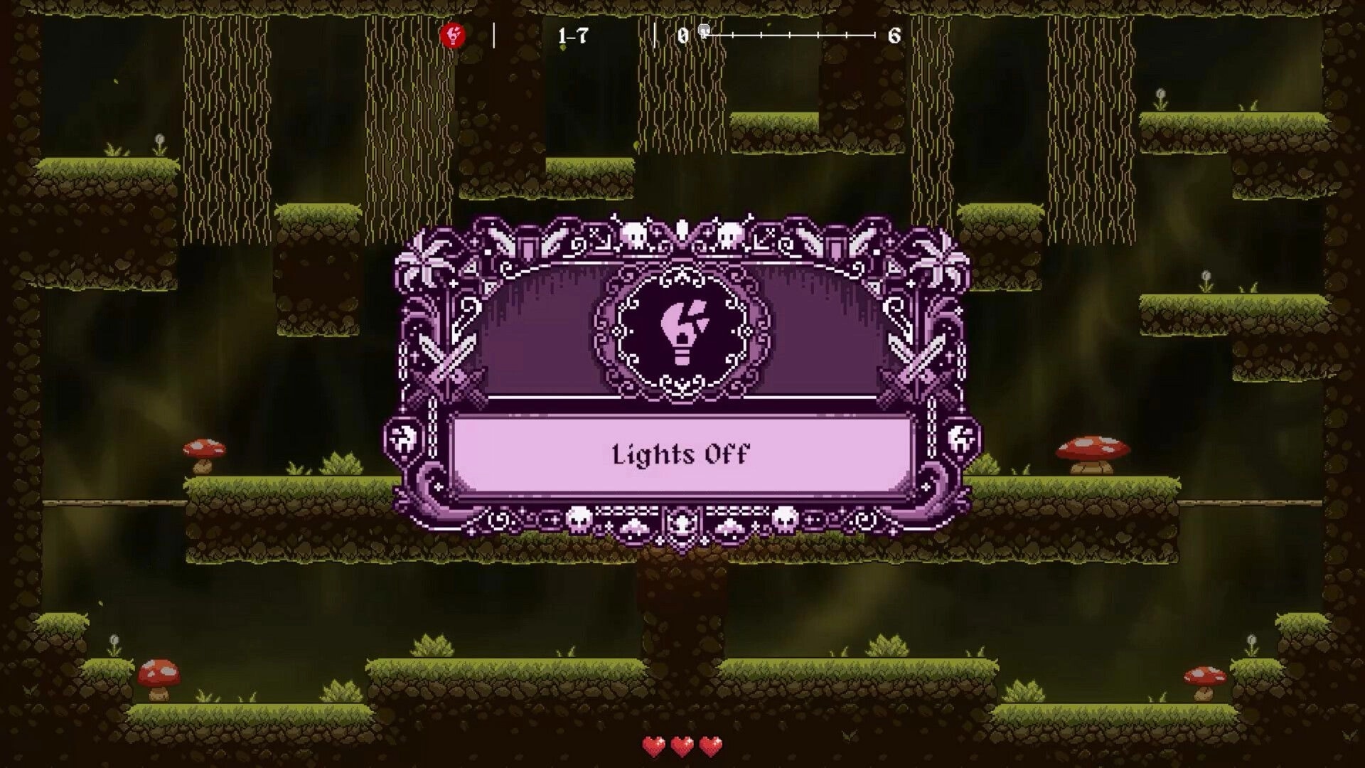 RAD: "Lights Off" event popup over mossy cave platforms with mushrooms and floor 1-7 UI bar.