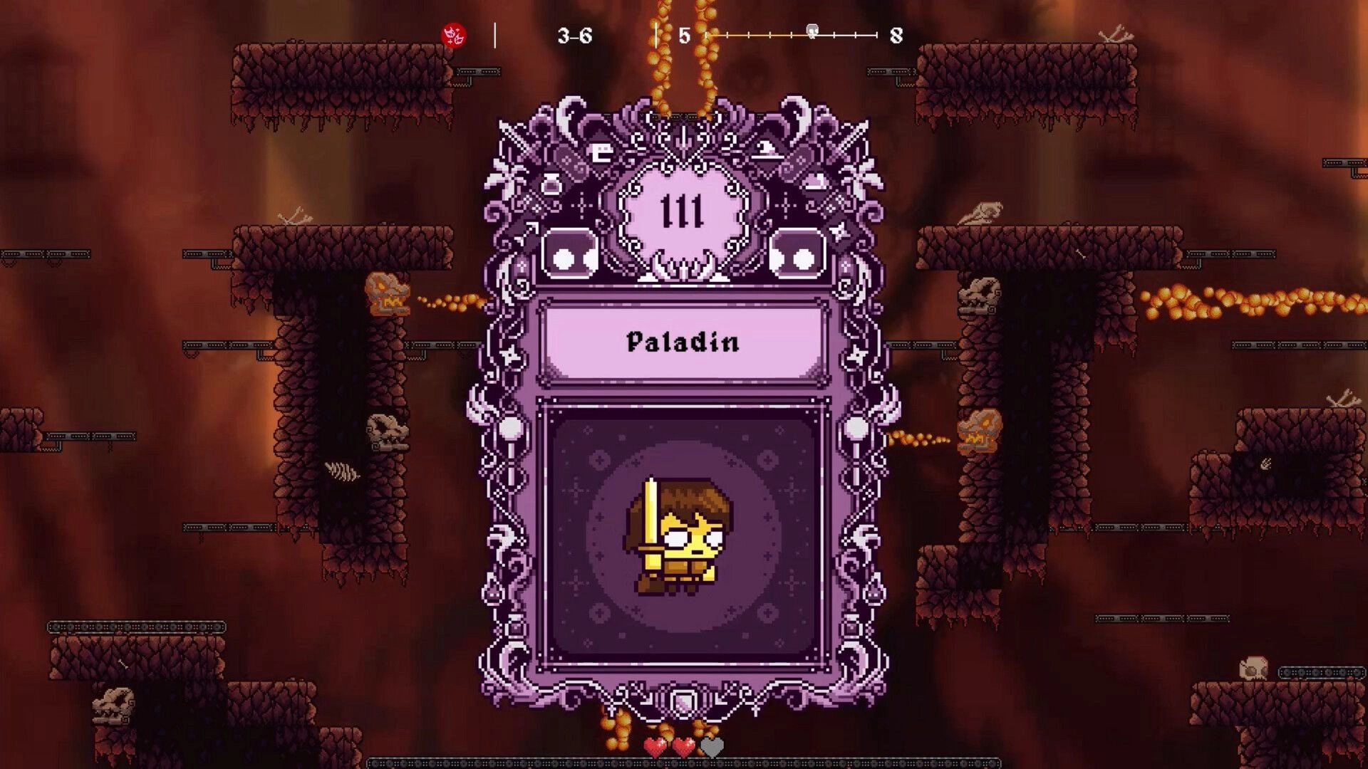 RAD: Paladin character card UI with portrait and stat 111 over rocky dungeon platforms and hazards.