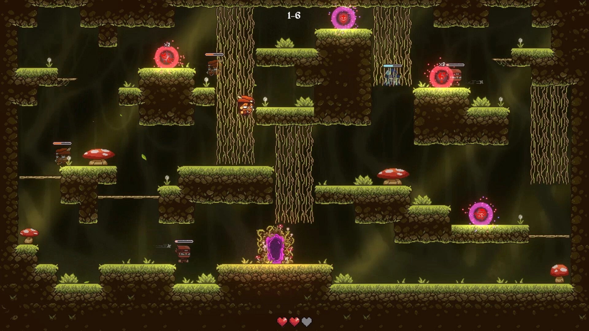 RAD: Platforming through mossy cave room 1-6 with portals, enemies, and heart health UI at bottom.