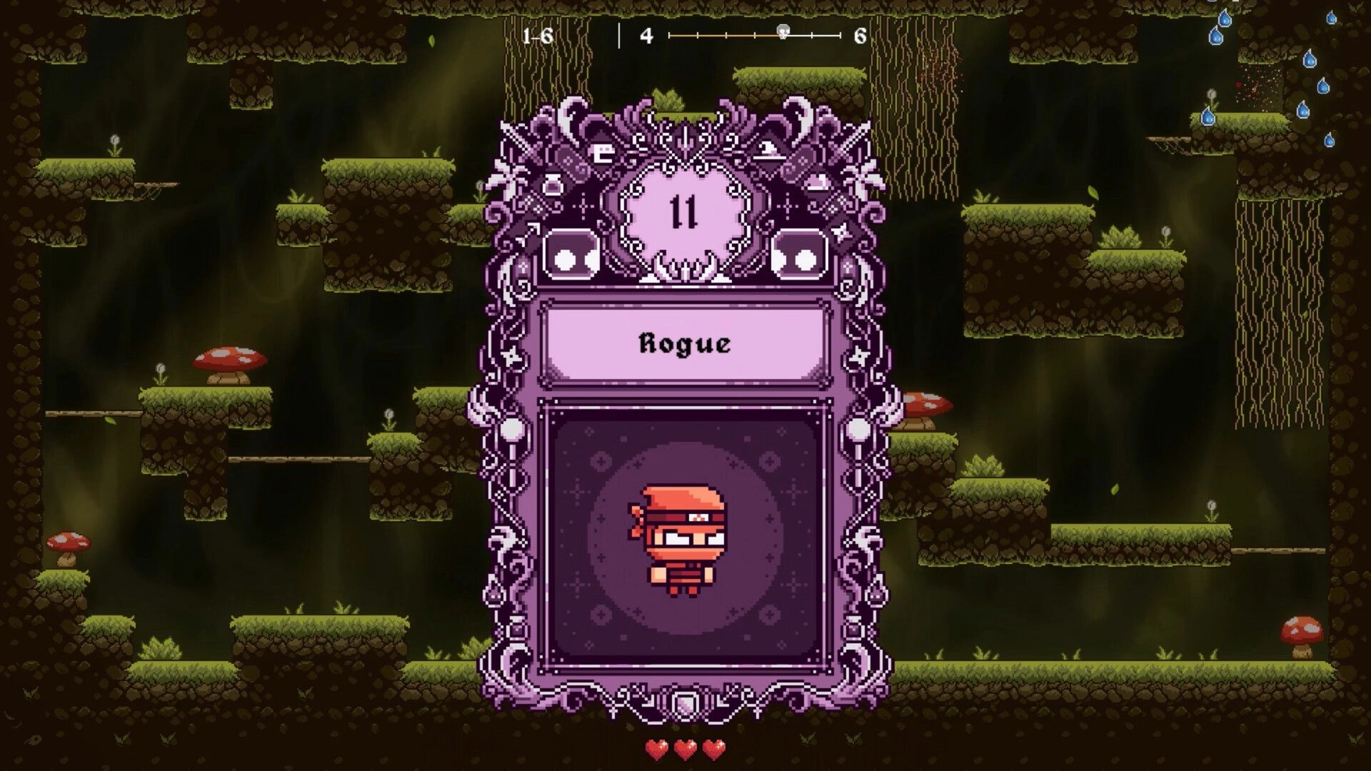 RAD: Rogue character selection card with level 11 shown over a mossy cavern platform stage.